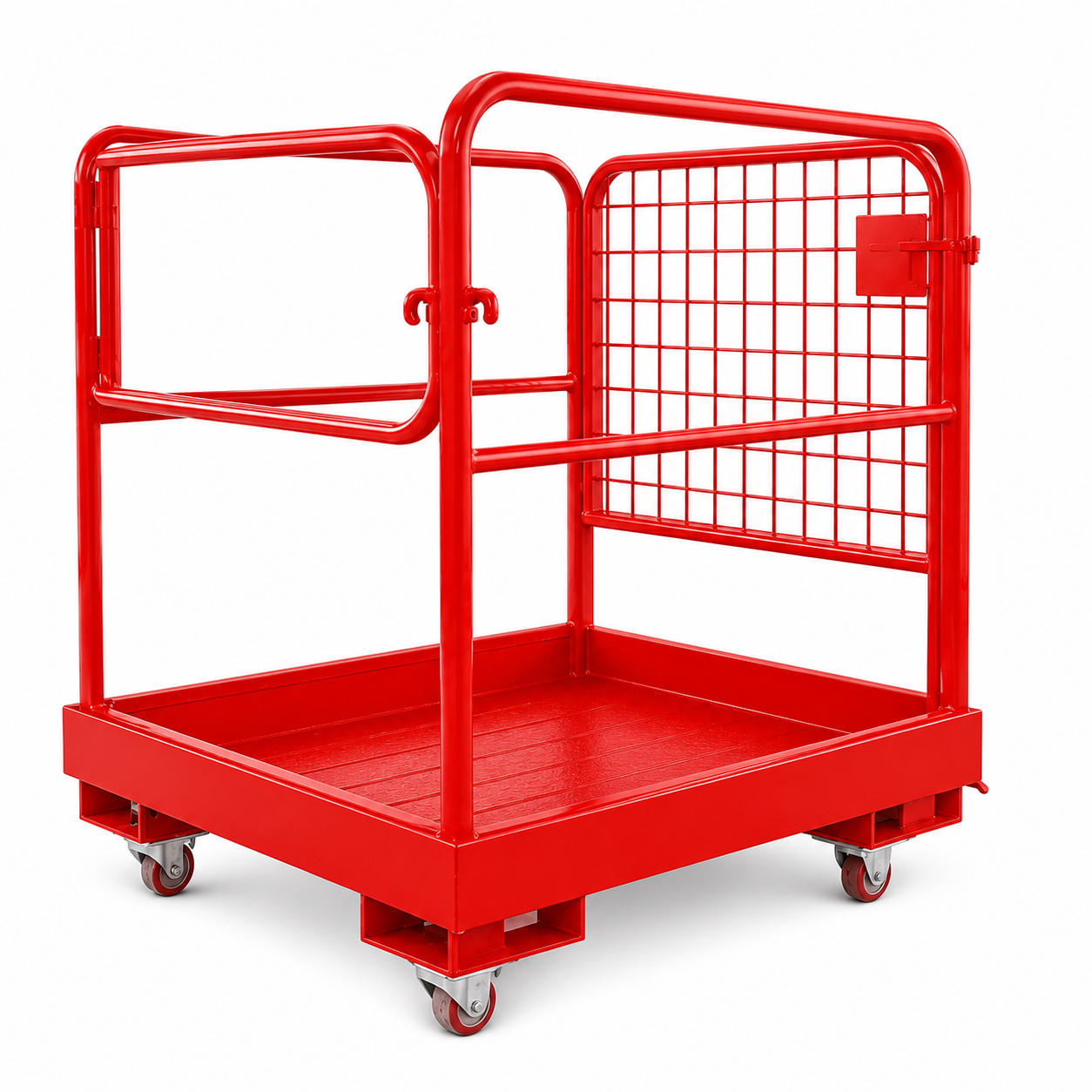 Garvee 36" × 36" Forklift Safety Cage, 1200 lb Steel Man Basket with Locking Casters, Guardrails & Drain Hole, Red