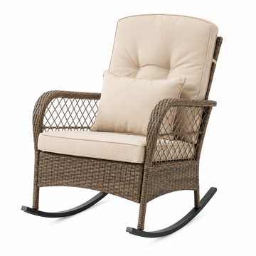 Garvee Outdoor Wicker Rocking Chair with Thick Cushions, All-Weather PE Rattan Patio Rocker for Porch, Garden & Balcony, Brown/Beige