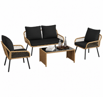Garvee 4-Piece Outdoor Wicker Sofa Set, PE Rattan Patio Conversation Set with Loveseat, 2 Chairs, Cushions & Glass Table,Straight-leg, Black