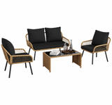 Garvee 4-Piece Outdoor Wicker Sofa Set, PE Rattan Patio Conversation Set with Loveseat, 2 Chairs, Cushions & Glass Table,Straight-leg, Black - Straight-leg Black
