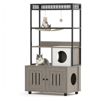 Garvee Modern Hidden Cat Litter Box Enclosure with Storage Rack, Indoor Enclosed Cat Furniture, Hammock, Sisal Balls, Scratching Mat, Multi-Level Private Cat House, Gray