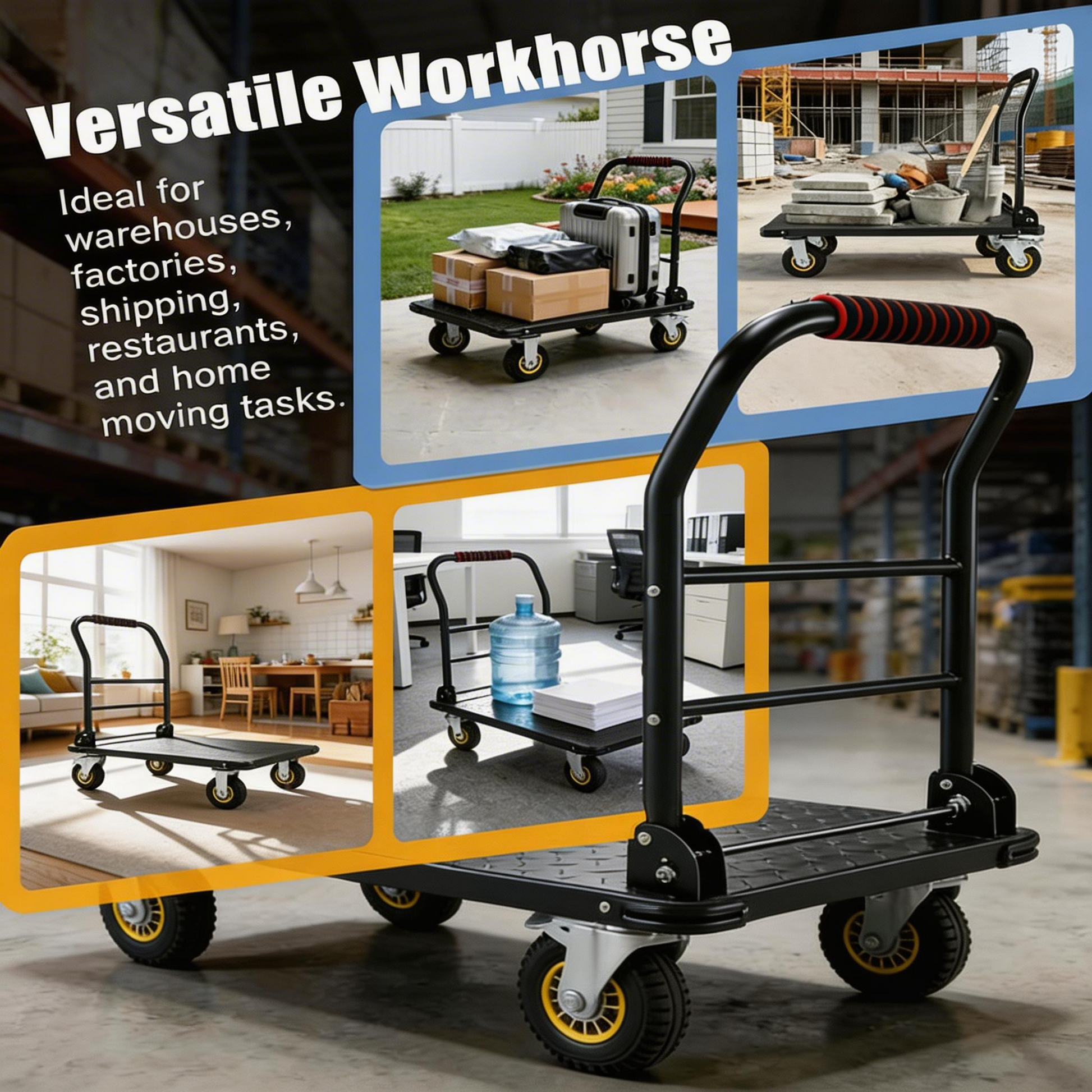 Garvee Heavy Duty Platform Truck Cart 1800LBS Capacity Foldable Handle Steel Flatbed Dolly with 6" Swivel Wheels and Brakes for Warehouse and Shipping