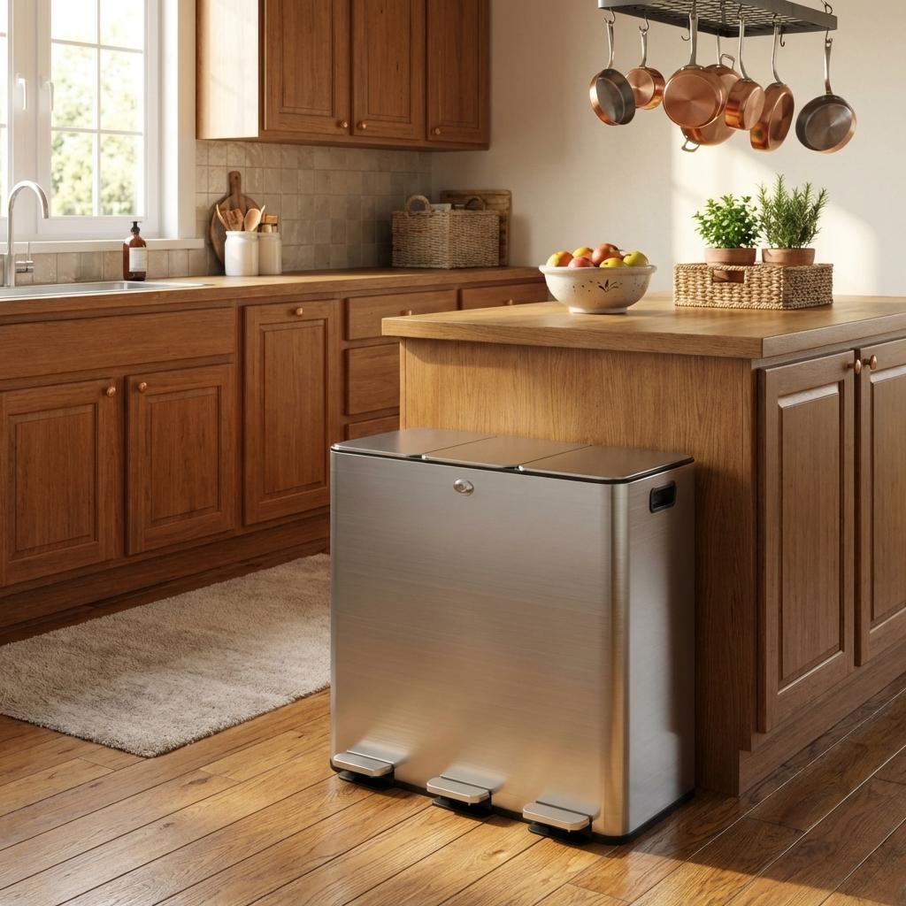 Garvee 16 gallon Stainless Steel Triple Trash Can with Separated Lid and Foot Pedal Recycle Bin Combo for Kitchen and Living Room