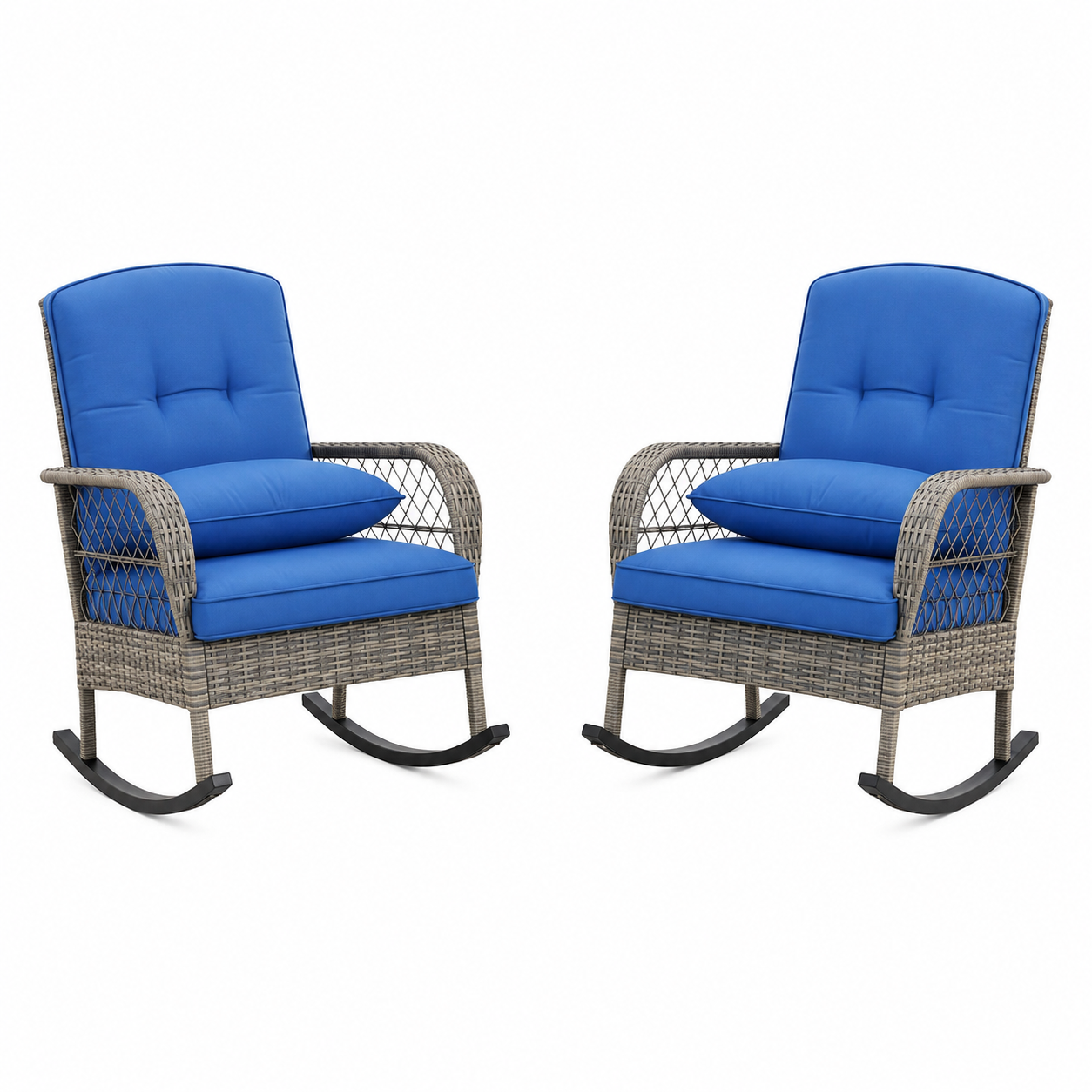 Garvee 2 pieces Outdoor Wicker Rocking Chair, PE Rattan Patio Rocker with Thick Cushions, Steel Frame, All-Weather Rocking Chair for Porch, Garden & Backyard, Blue