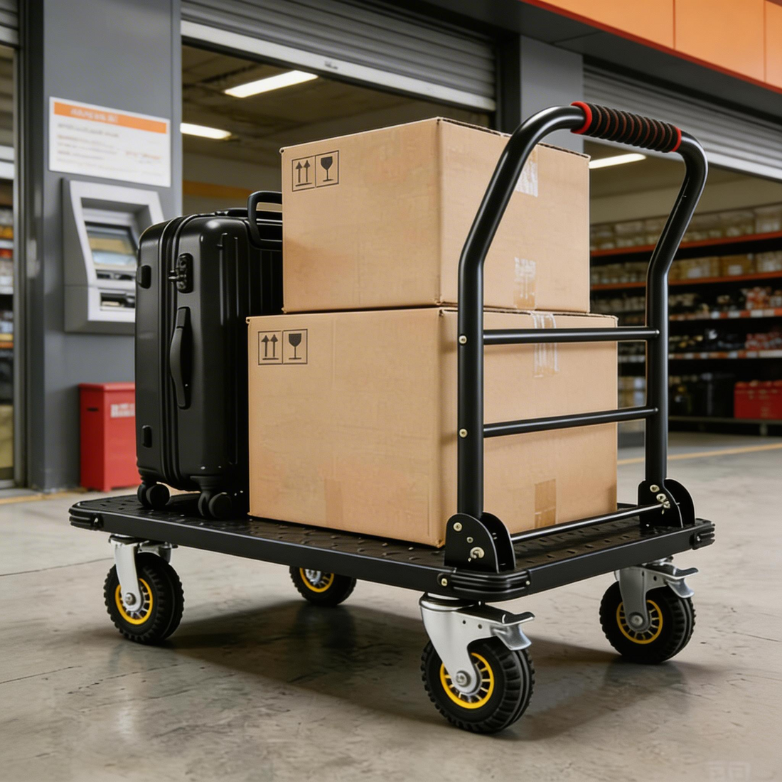 Garvee Heavy Duty Platform Truck Cart 1800LBS Capacity Foldable Handle Steel Flatbed Dolly with 6" Swivel Wheels and Brakes for Warehouse and Shipping