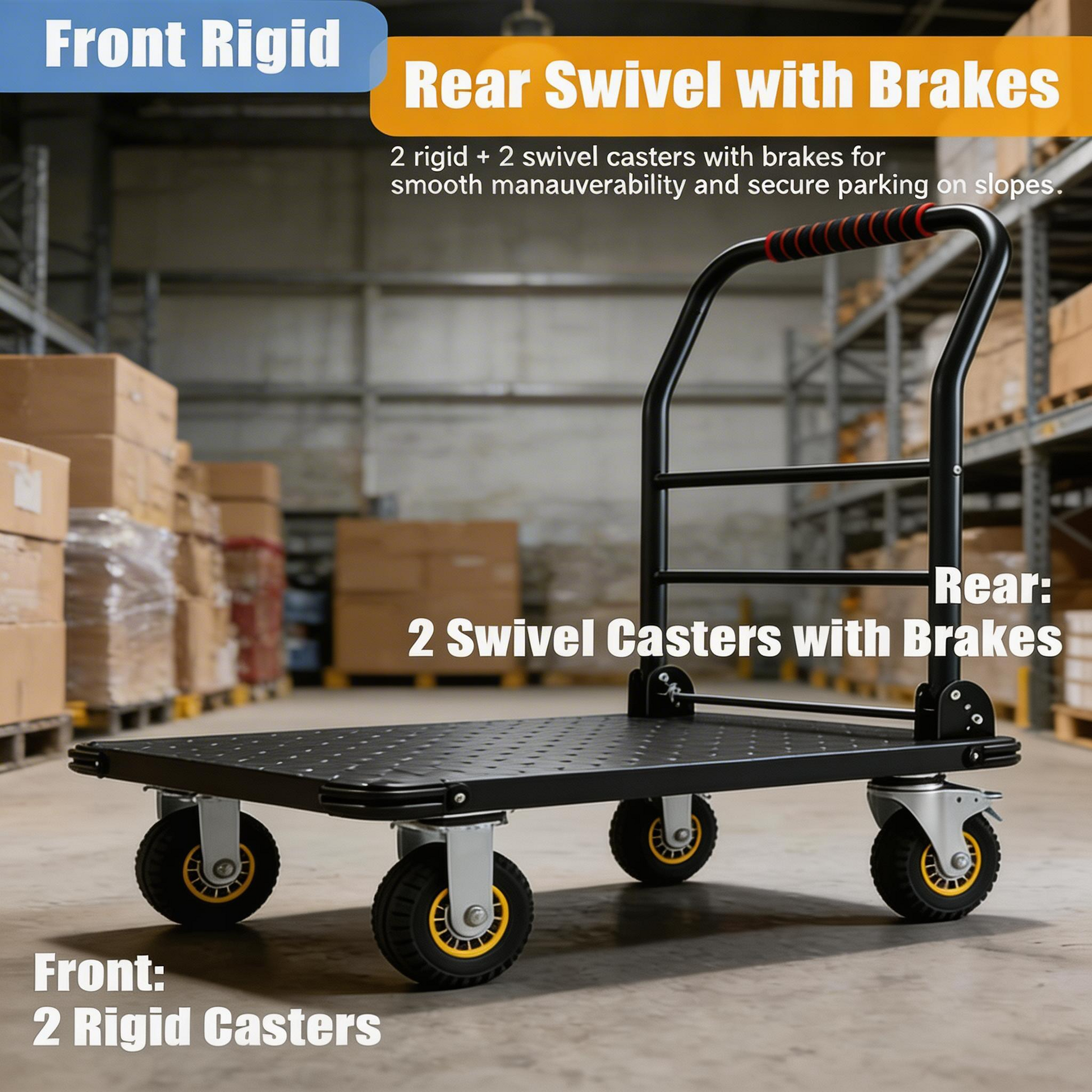 Garvee Heavy Duty Platform Truck Cart 1800LBS Capacity Foldable Handle Steel Flatbed Dolly with 6" Swivel Wheels and Brakes for Warehouse and Shipping