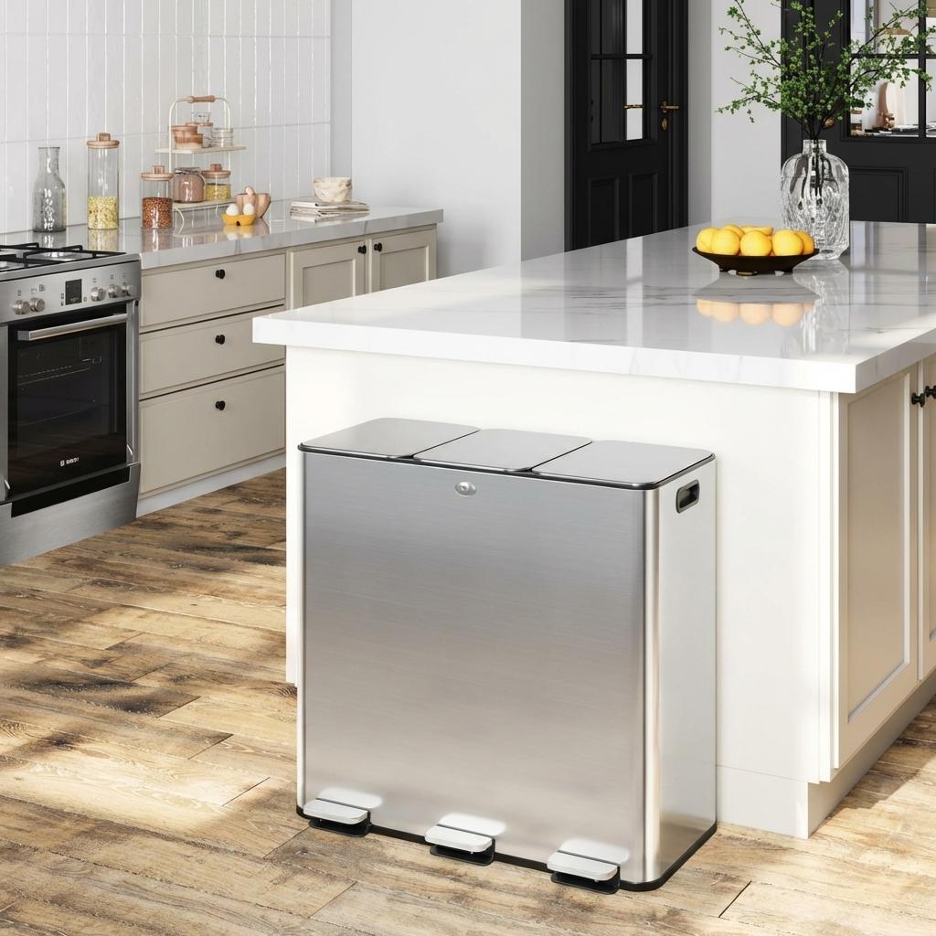 Garvee Triple Trash Can 90L/23.8 Gal Stainless Steel 3 Compartment