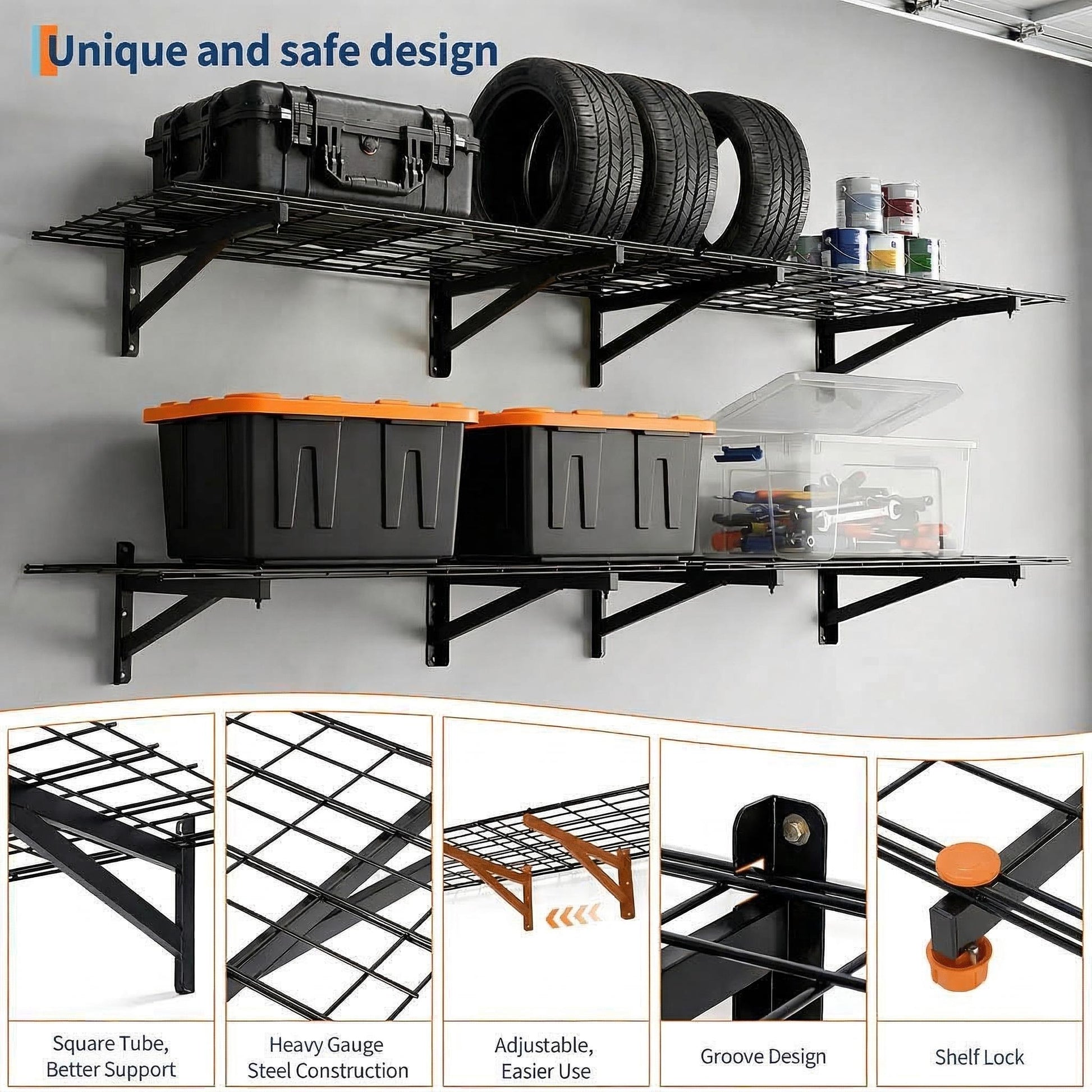 Garvee Garage Wall Shelving 1400lbs Capacity Heavy Duty Steel Adjustable Brackets Open-Grid Design Black for Garage Storage