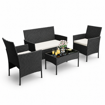 Garvee 4-Piece Rattan Patio Conversation Set with Cushioned Seating & Coffee Table, Black/Cream White
