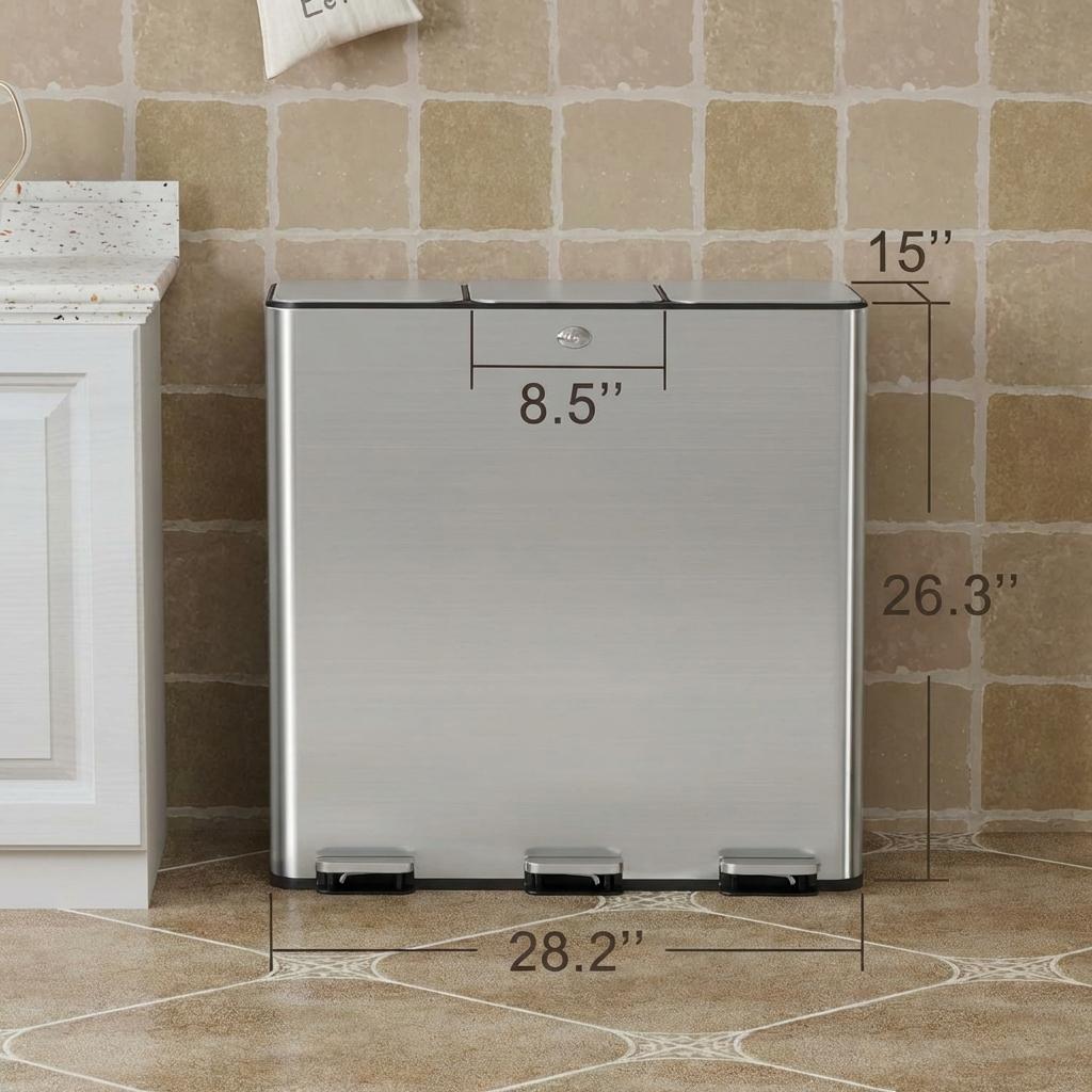 Garvee 24 gallon Stainless Steel Triple Trash Can with Separated Lid and Foot Pedal Recycle Bin Combo for Kitchen and Living Room