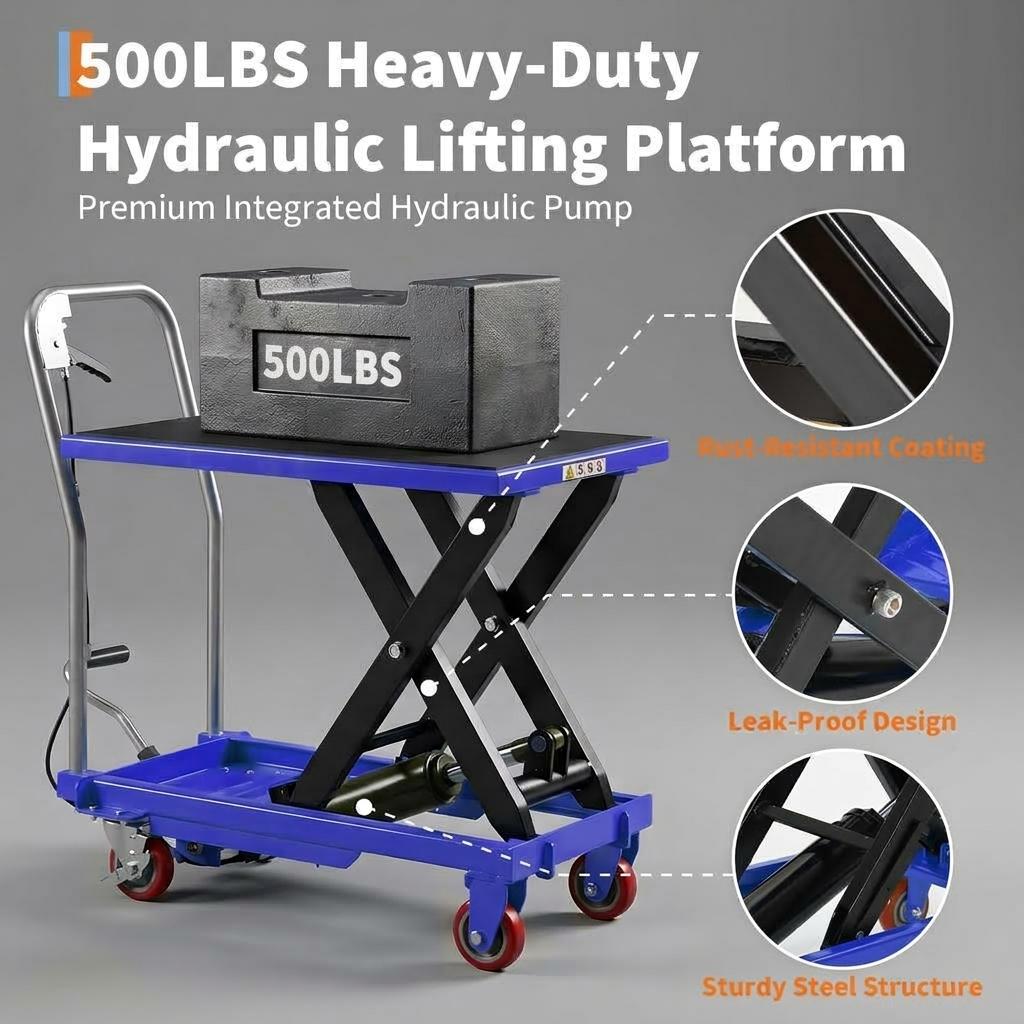 Garvee Hydraulic Lift Table Cart 500lbs Capacity Double Scissor Lift Non-Slip Pad 4 Wheels Reflective Strips Steel Material Handling