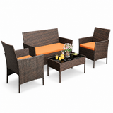Garvee 4-Piece Patio Bistro Set with Brown Gradient PE Rattan, Outdoor Conversation Furniture Set with Glass Coffee Table, Loveseat, 2 Armchairs & Washable Orange Cushions for Backyard, Garden, Porch & Lawn