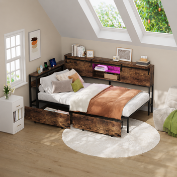 Garvee Twin Size Corner Bed Frame with 2 Storage Drawers, Charging Station and RGB LED Lights, Metal Platform Bed Frame with Desk and Bookcase Headboard for Kids Teens Guests