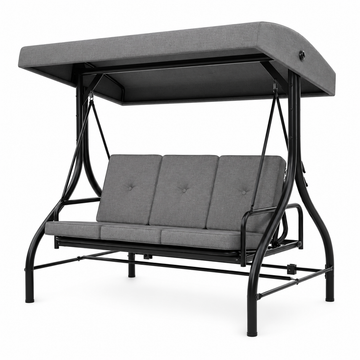 Garvee 3-Seat Outdoor Porch Swing with Adjustable Canopy, 800 lb Heavy-Duty Steel Frame, 180° Reclining Patio Swing Bed with Cushions, Pillows & Cup Trays, Gray
