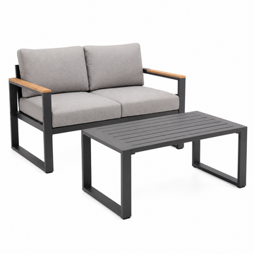 Garvee 2-Piece Aluminum Patio Sofa Set, Gray Loveseat & Coffee Table with Thick Washable Cushions for Balcony, Garden & Poolside