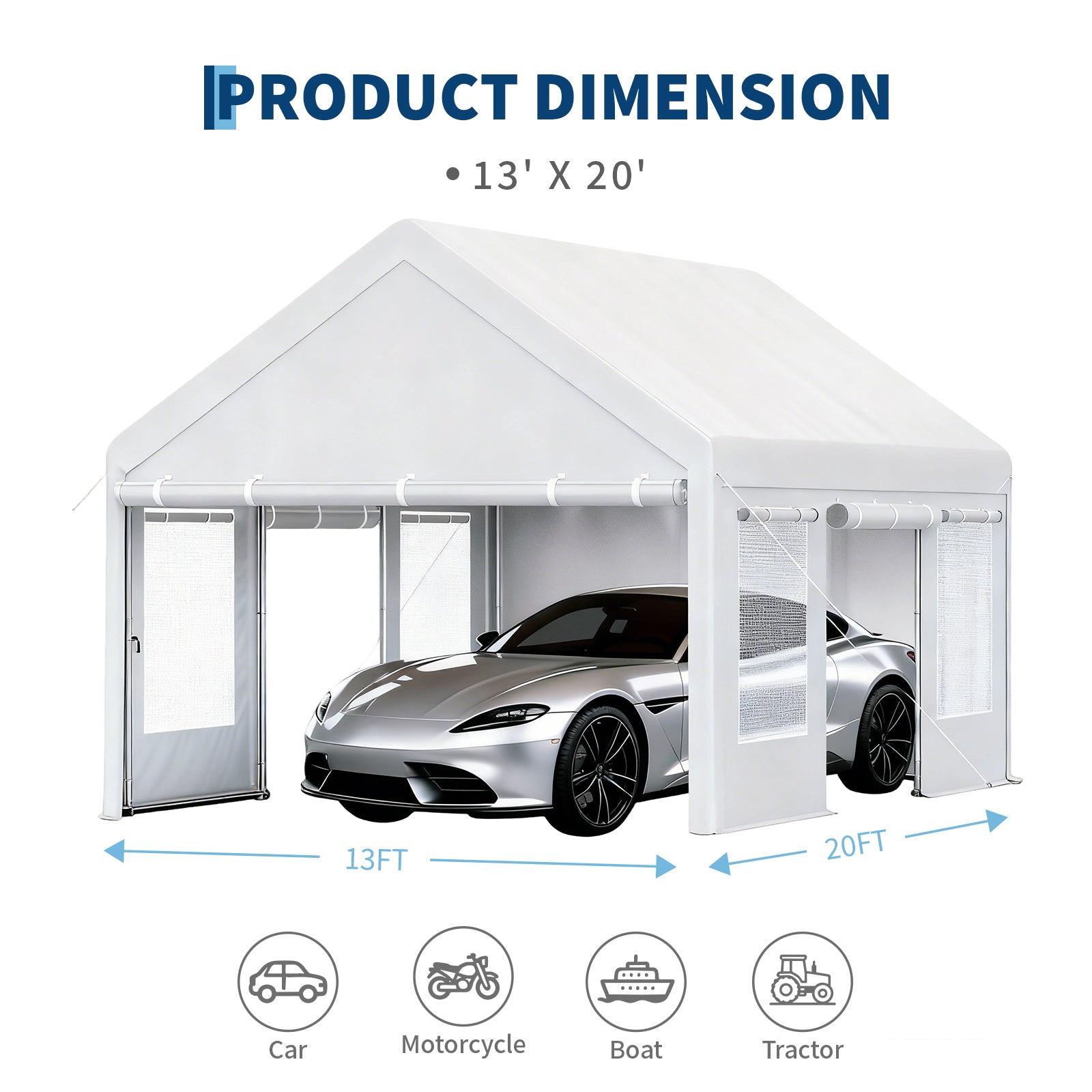 Garvee Heavy Duty Carport 13x20 FT Portable Garage with 4 Doors & 4 Windows, Reinforced Galvanized Steel Frame, Waterproof PE Tarp, Roll-Up Mesh Windows, Yellow, Outdoor Shelter for Cars & Gatherings