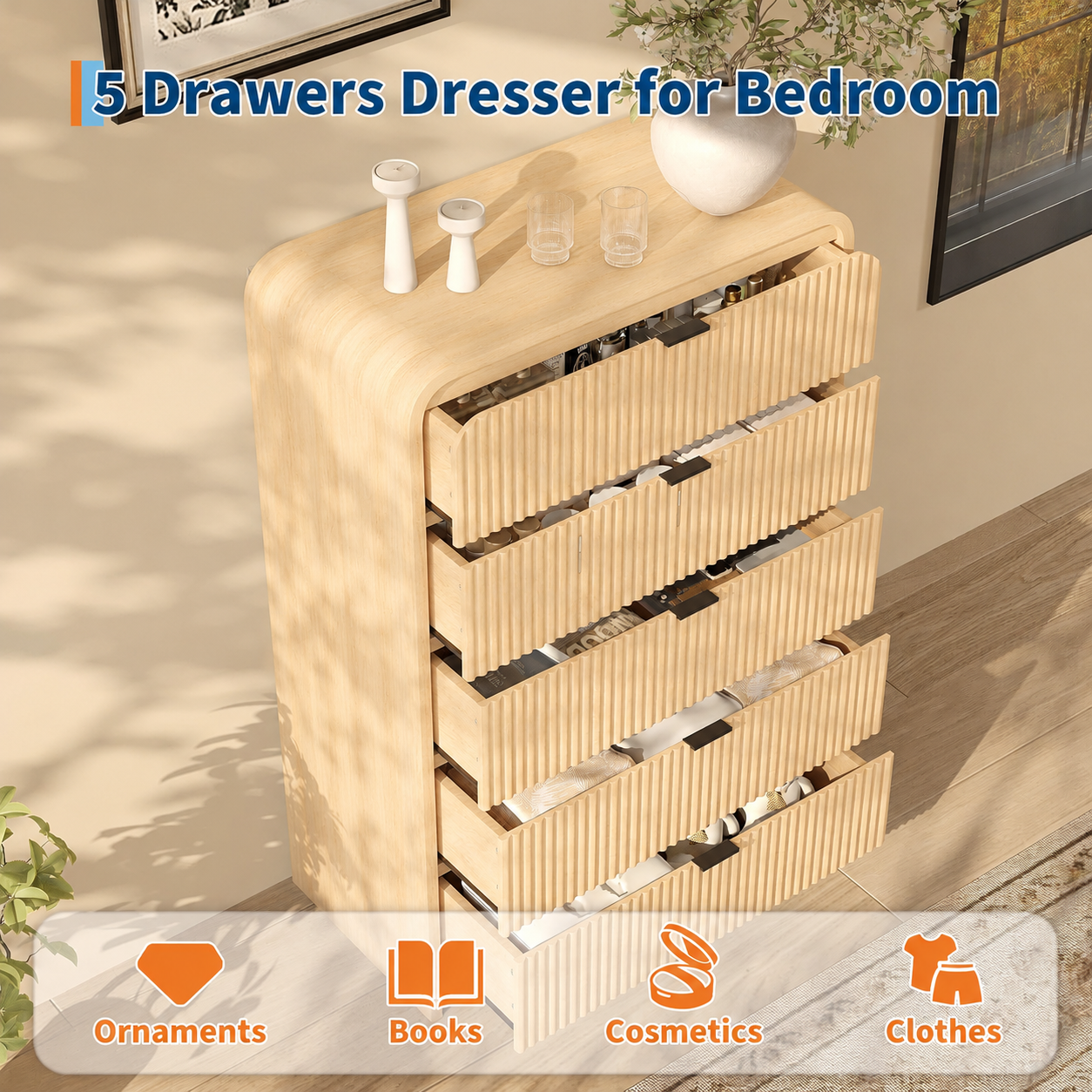 Garvee Fluted Tall Dresser 5 Drawer Mid-Century Modern Rounded Edge Walnut Wood Soft-Close Drawers Bedroom Living Room