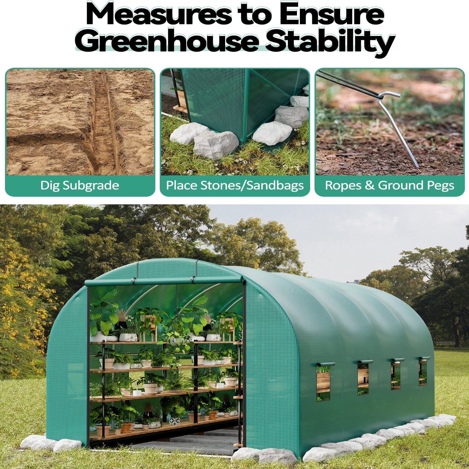 Garvee 15'x6.5'x6.5' Walk-In Greenhouse Plant Green House Kit with Roll-Up Doors