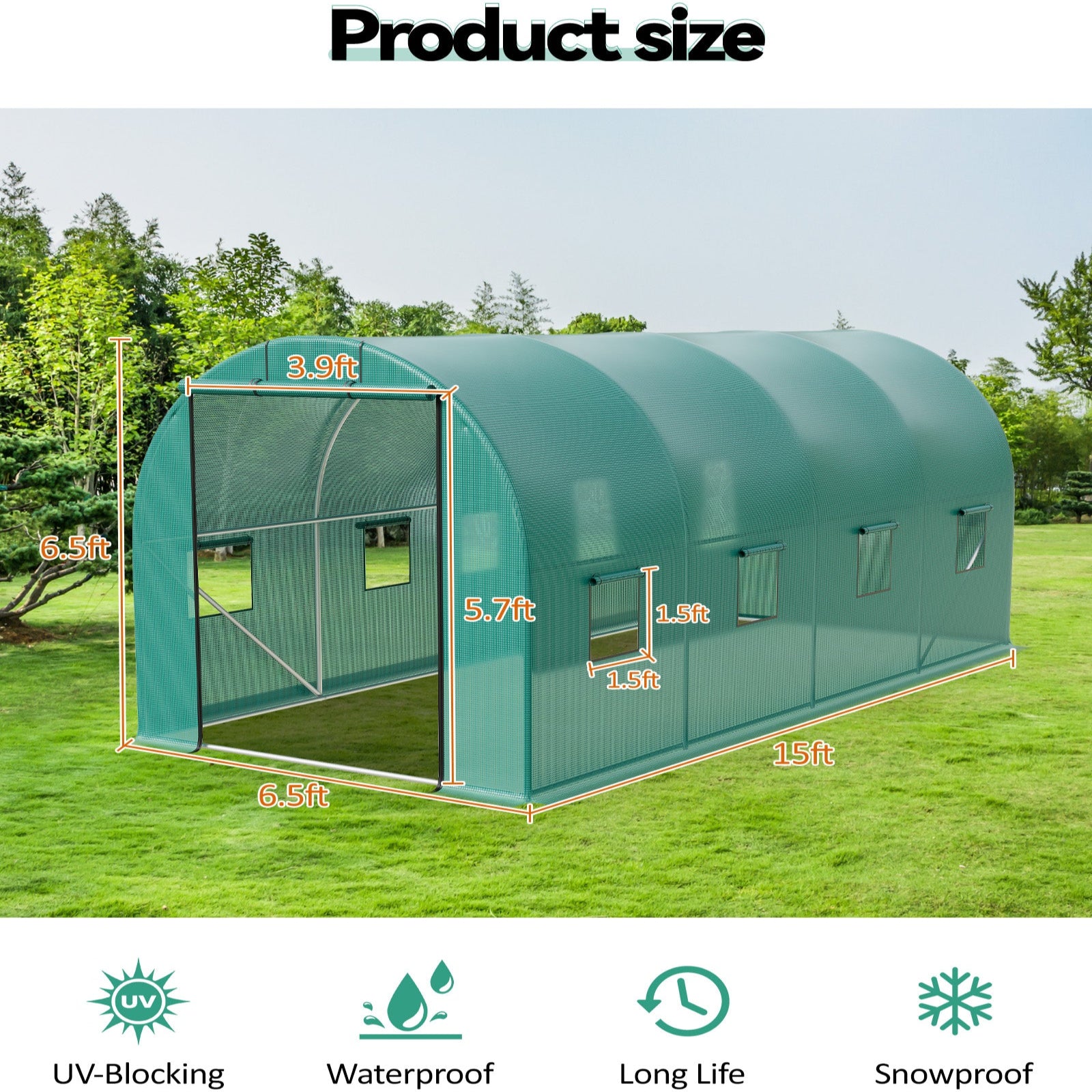 Garvee 15'x6.5'x6.5' Walk-In Greenhouse Plant Green House Kit with Roll-Up Doors