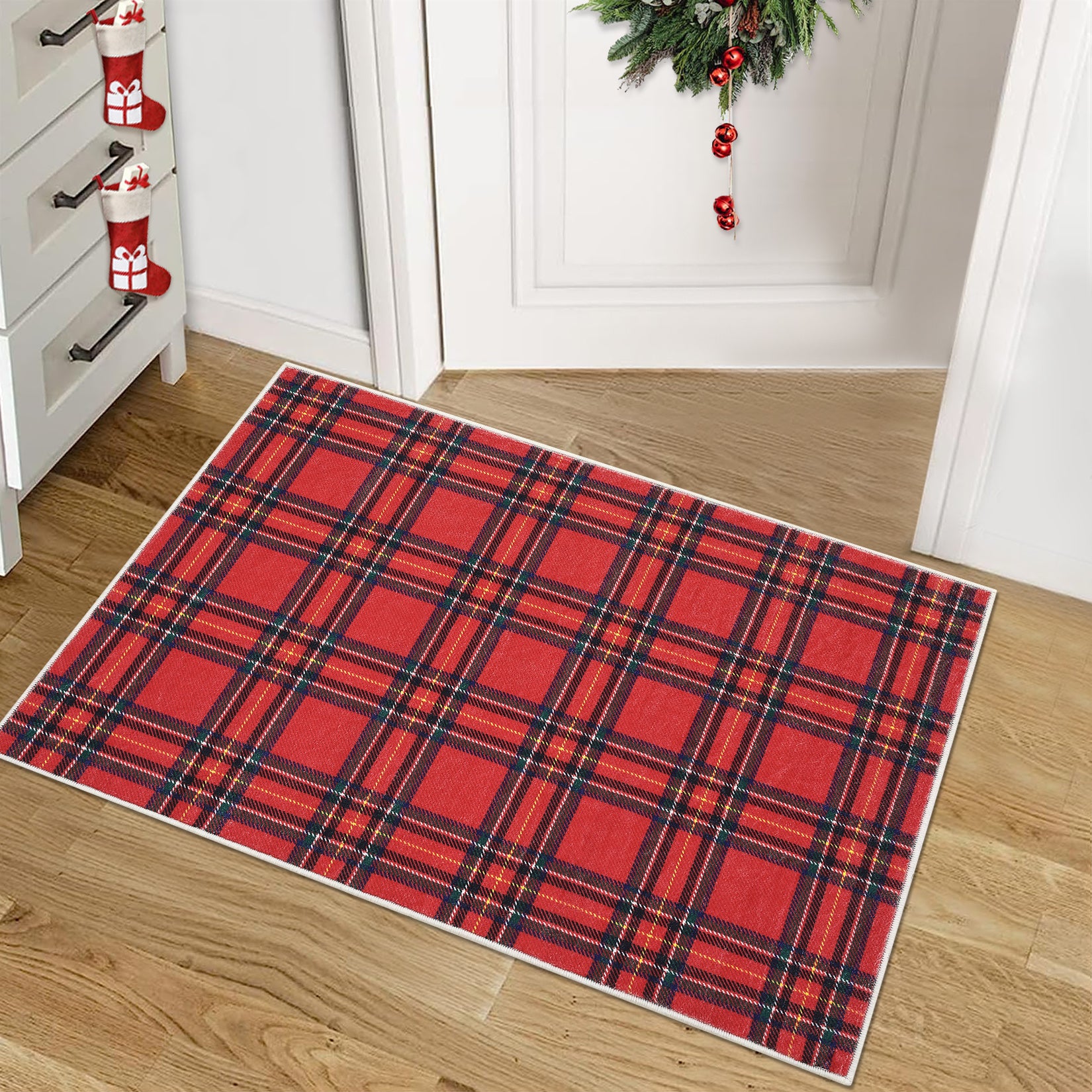Garvee Christmas Door Mat 2x3 Washable Plaid Area Rug Xmas Doormat Non Slip Kitchen Rugs Bath Mat Low Pile Entryway Rug Home Decor Soft Stain Resistant Carpet for Laundry Entance Plaid|Red 2'x3'