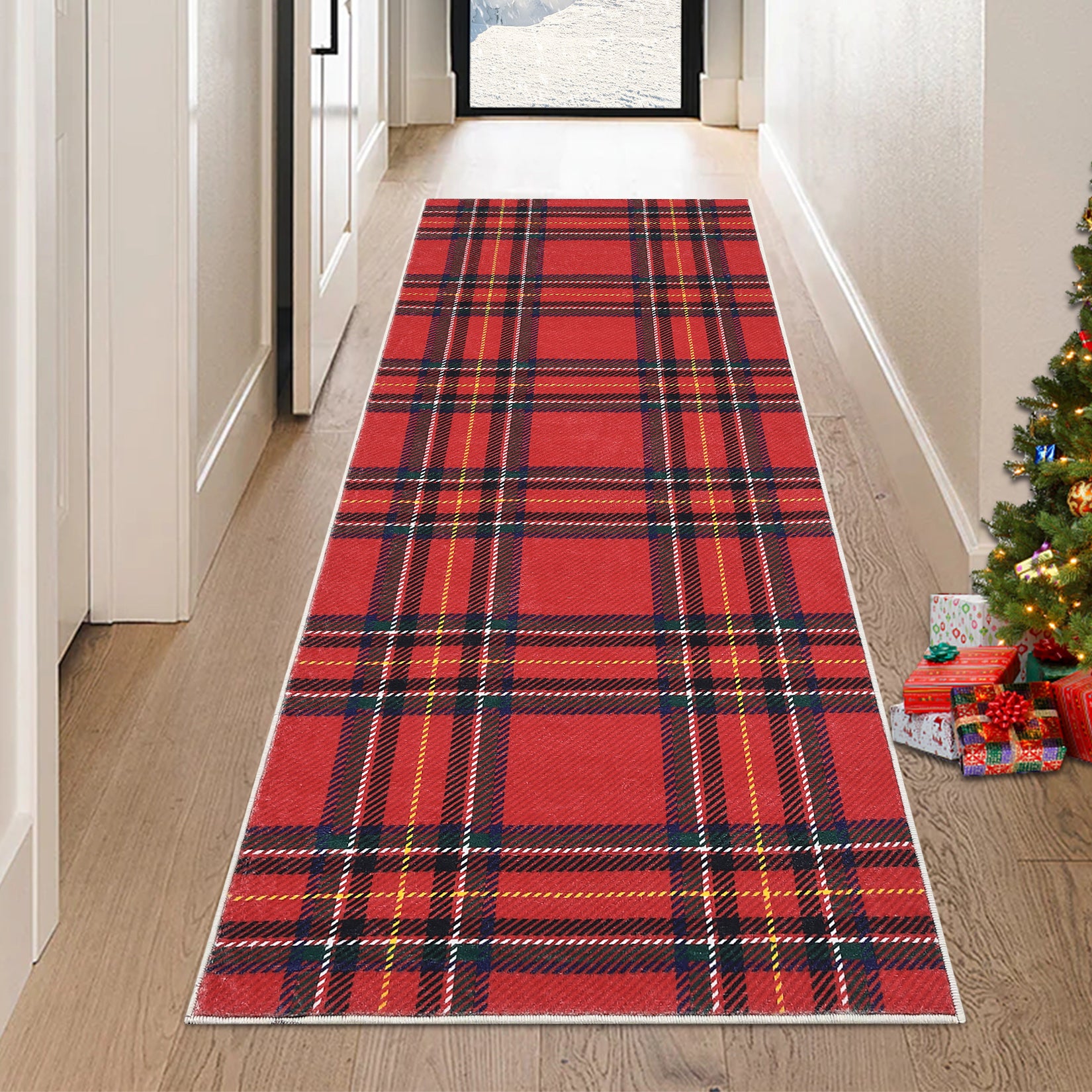 Garvee Christmas Runner Rug 2x8 Hallway Runners Washable Plaid Rug Xmas Decor Non Slip Kitchen Rugs Bath Mat Grid Low Pile Entryway Rug Stain Resistant Carpet for Laundry Entance Plaid|Red 2'x8'