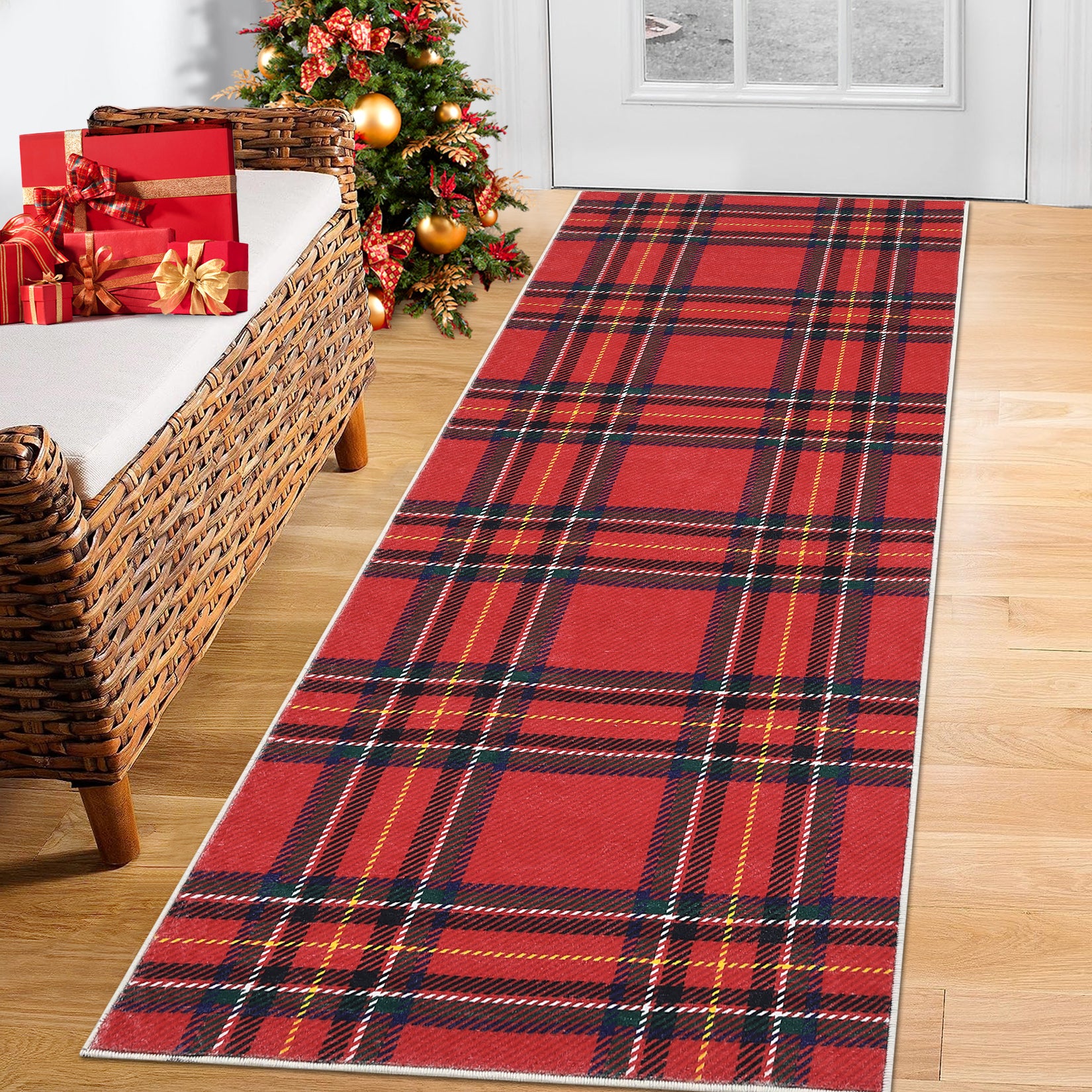 Garvee Christmas Runner Rug 2x6 Washable Plaid Area Rug Xmas Decor Non Slip Kitchen Rugs Bath Mat Buffalo Grid Low Pile Entryway Rug Soft Stain Resistant Carpet for Laundry Entance Plaid|Red 2'x6'