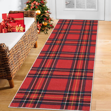 Garvee Christmas Runner Rug 2x6 Washable Plaid Area Rug Xmas Decor Non Slip Kitchen Rugs Bath Mat Buffalo Grid Low Pile Entryway Rug Soft Stain Resistant Carpet for Laundry Entance Plaid|Red 2'x6'