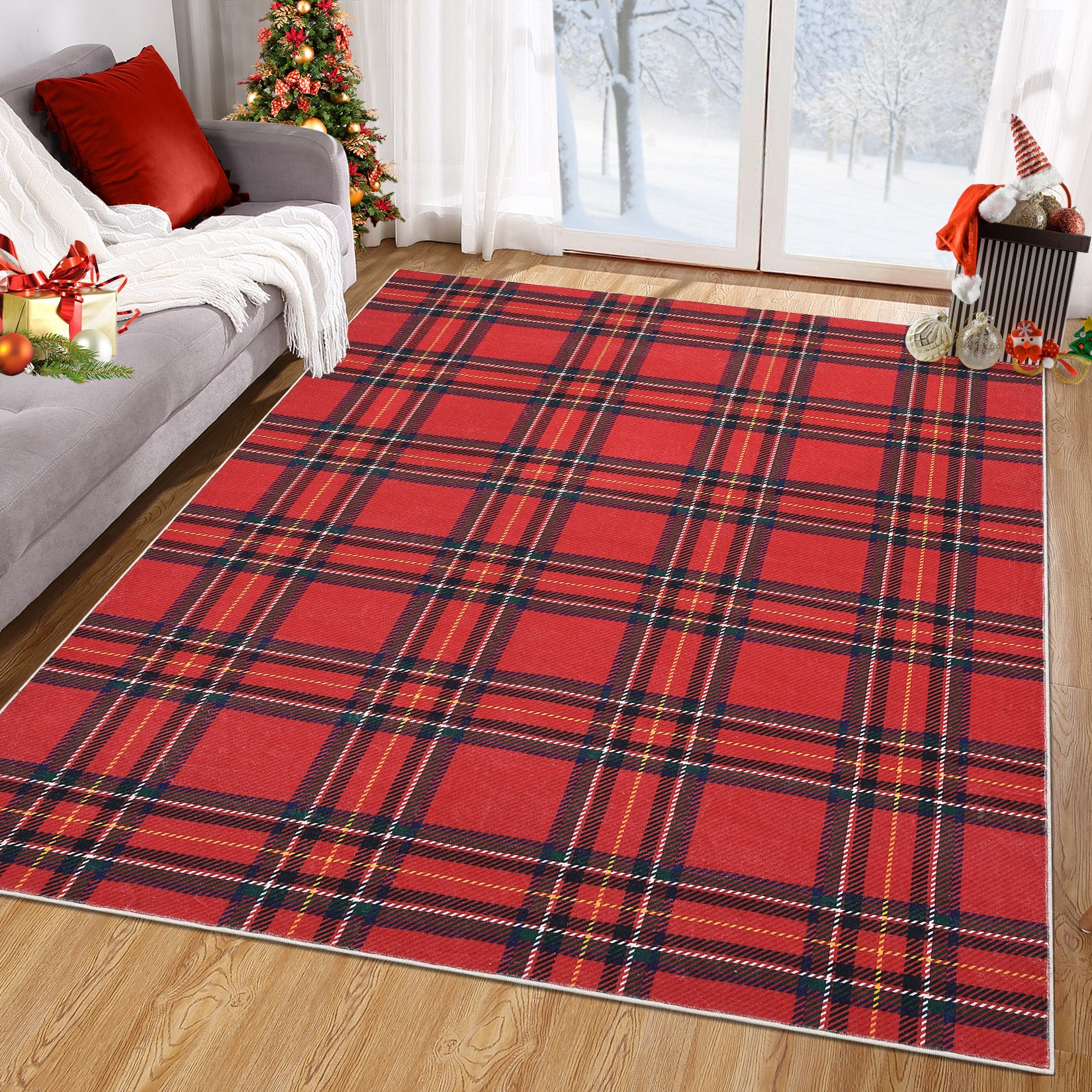 Garvee 8x10 Christmas Area Rug Xmas Buffalo Plaid Machine Washable Carpet Rug Holiday Decorative Gingham Check Floor Cover Non Slip Stain Resistant Accent Rug for Living Room Bedroom Decor, Red