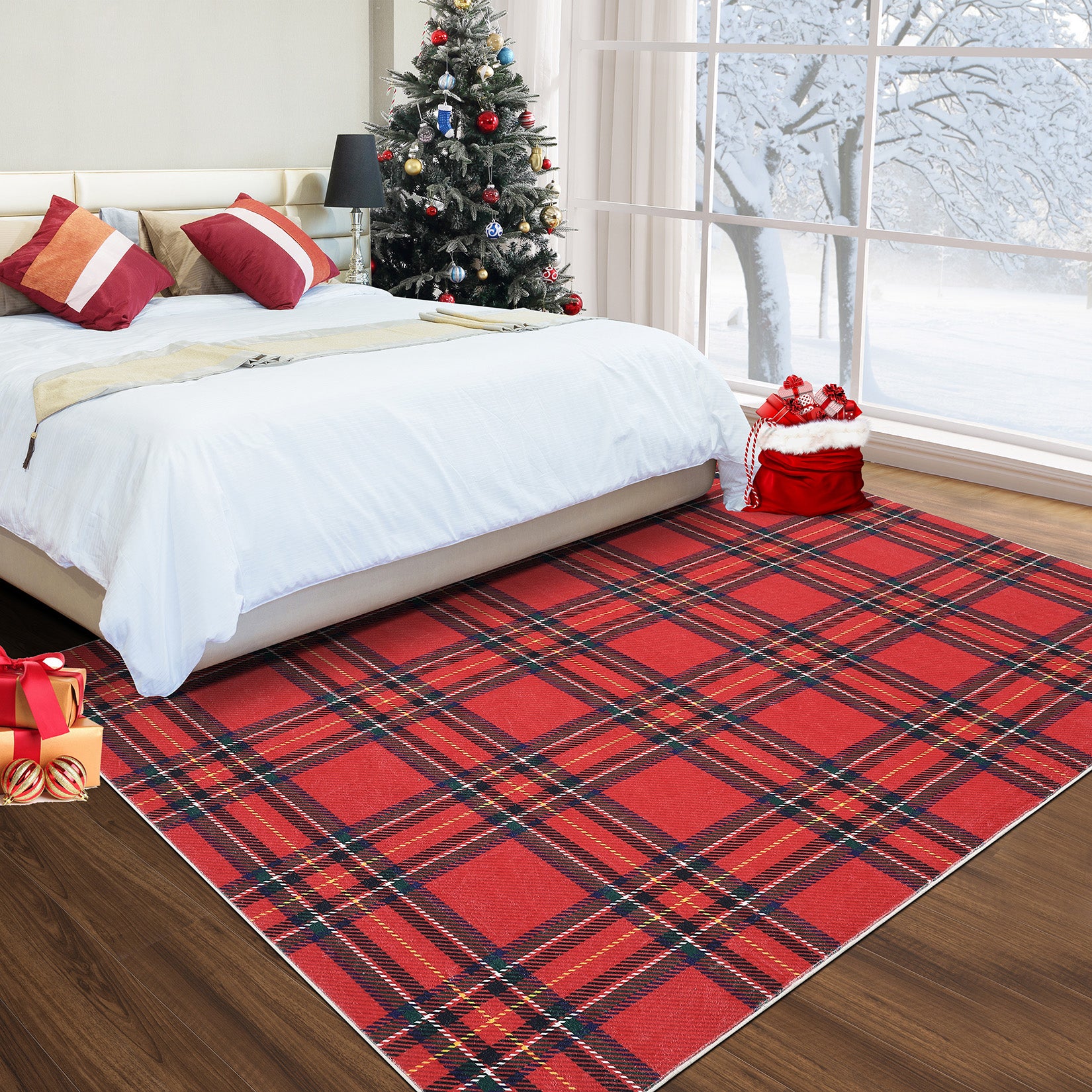 Garvee 8x10 Christmas Area Rug Xmas Buffalo Plaid Machine Washable Carpet Rug Holiday Decorative Gingham Check Floor Cover Non Slip Stain Resistant Accent Rug for Living Room Bedroom Decor, Red