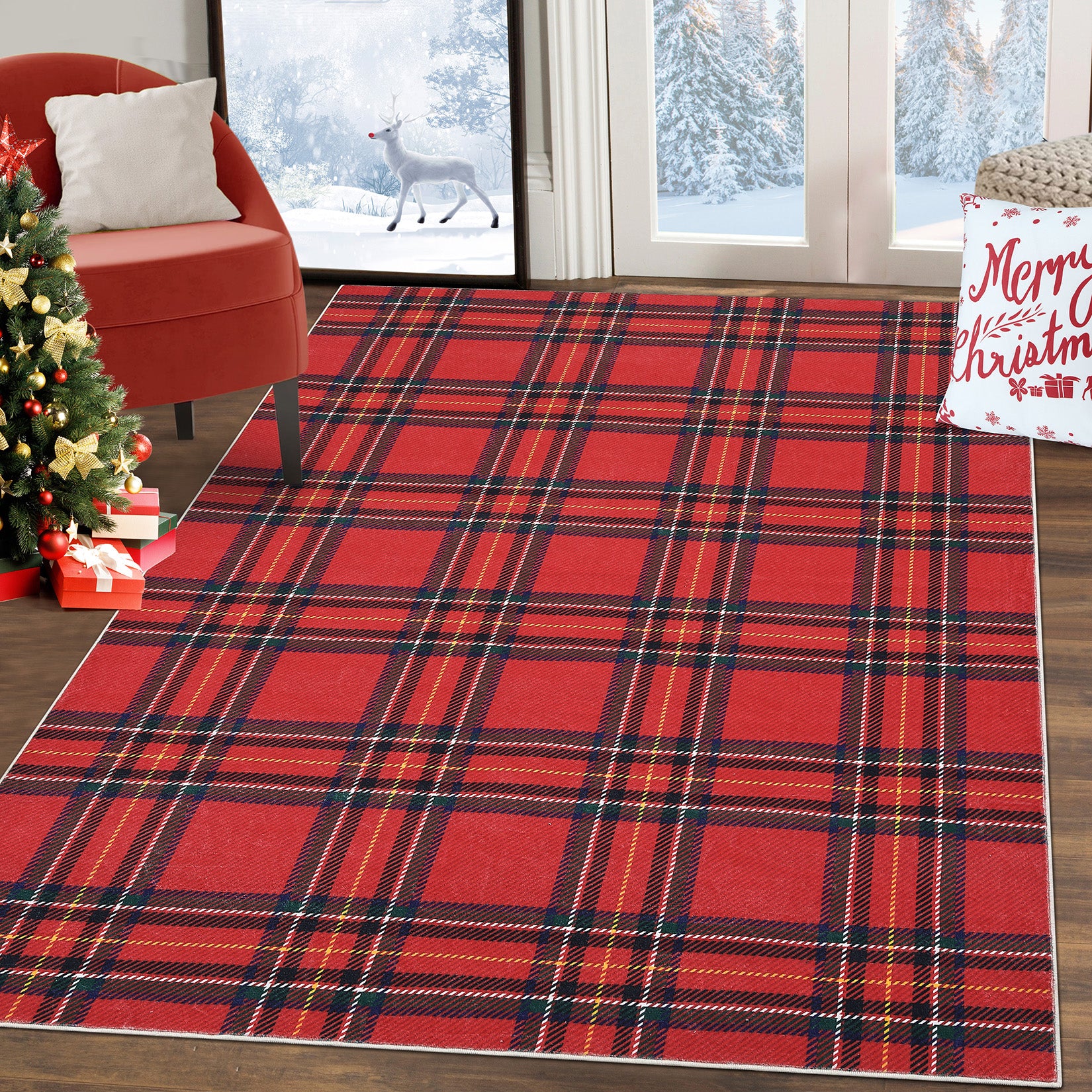 Garvee 8x10 Christmas Area Rug Xmas Buffalo Plaid Machine Washable Carpet Rug Holiday Decorative Gingham Check Floor Cover Non Slip Stain Resistant Accent Rug for Living Room Bedroom Decor, Red
