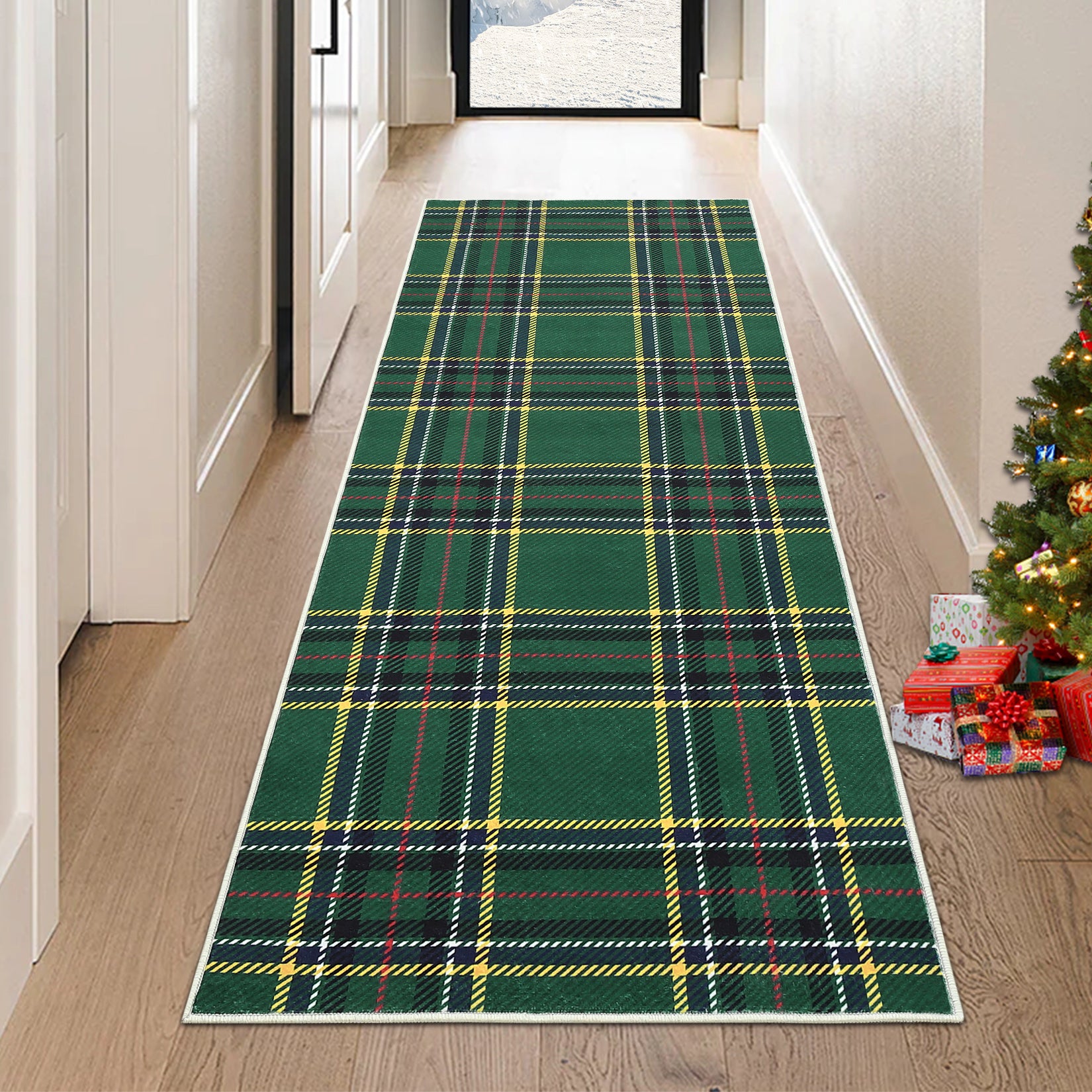 Garvee Christmas Runner Rug 2x6 Washable Plaid Area Rug Xmas Decor Non Slip Kitchen Rugs Bath Mat Buffalo Low Pile Entryway Rug Soft Stain Resistant Carpet for Laundry Entance Plaid|Green 2'x6'
