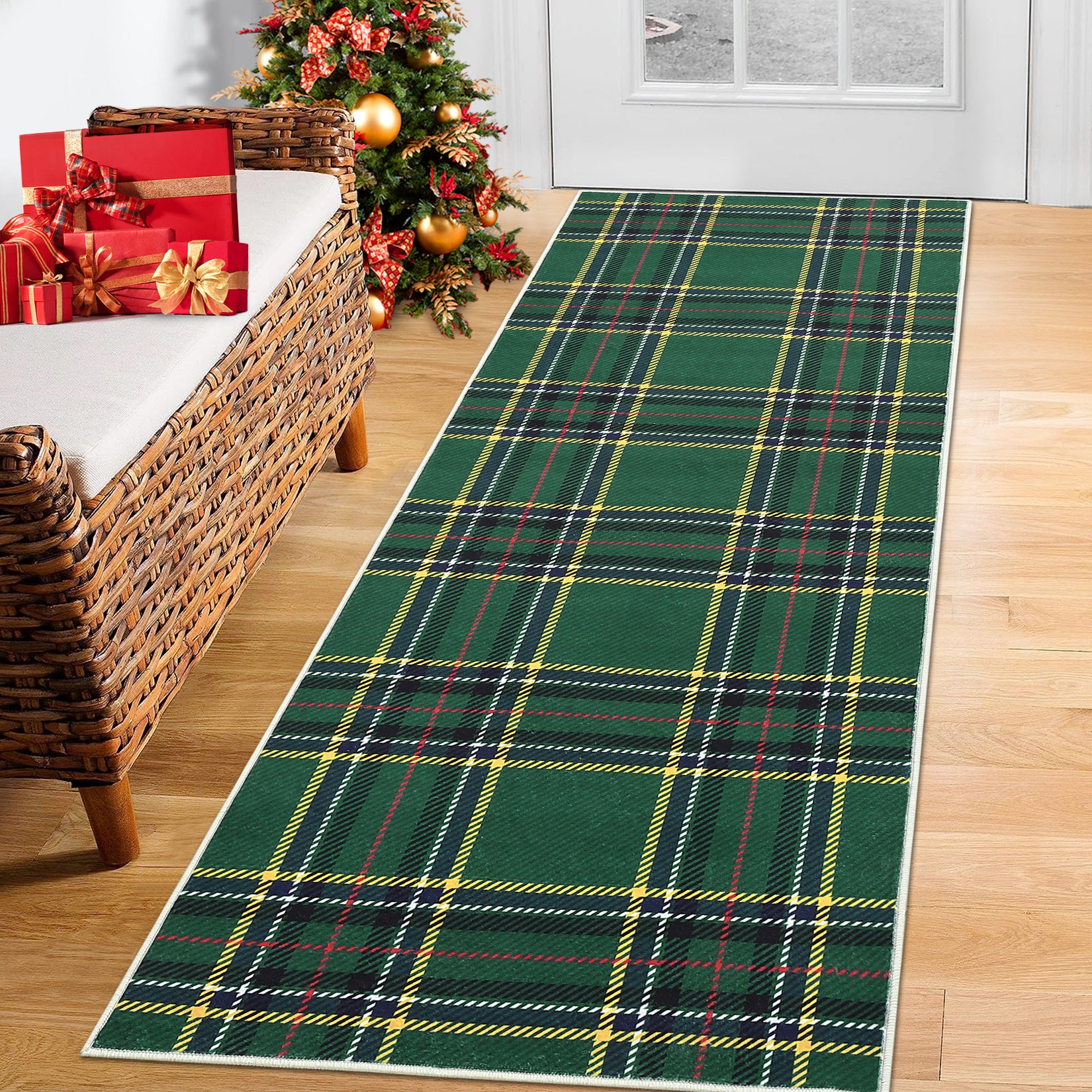 Garvee Christmas Runner Rug 2x6 Washable Plaid Area Rug Xmas Decor Non Slip Kitchen Rugs Bath Mat Buffalo Low Pile Entryway Rug Soft Stain Resistant Carpet for Laundry Entance Plaid|Green 2'x6'