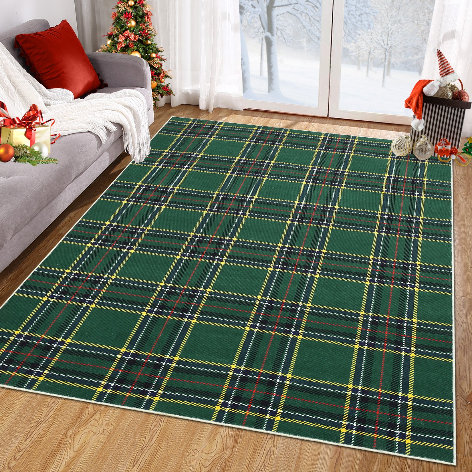 Garvee 8x10 Christmas Area Rug Xmas Buffalo Plaid Machine Washable Carpet Rug Holiday Decorative Gingham Check Floor Cover Non Slip Stain Resistant Accent Rug for Living Room Decor, Green