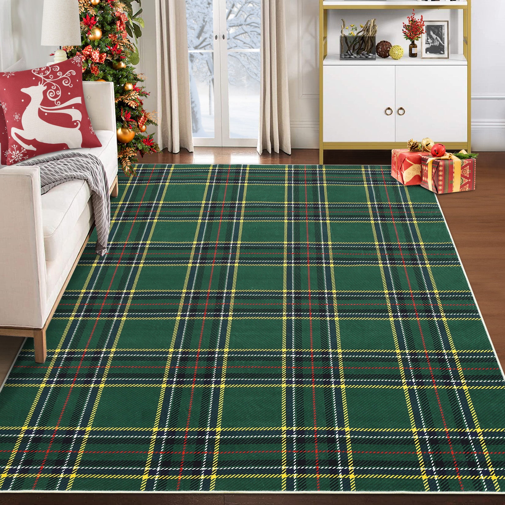 Garvee Christmas Washable Area Rug Xmas Buffalo Plaid Area Rugs Holiday Decorative Gingham Check Floor Cover Non-Slip Stain Resistant Accent Rug Farmhouse Dining Bedroom Decor, Green, 4' x 6'