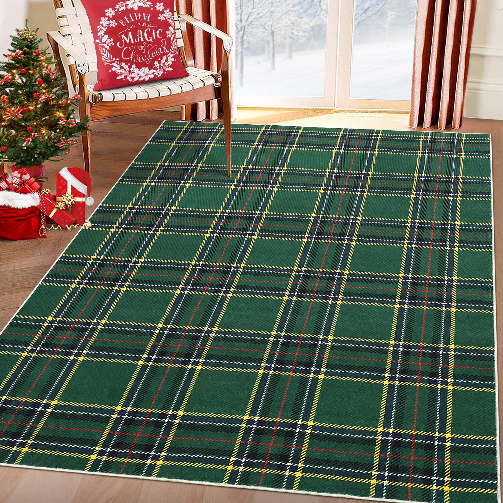 Garvee Christmas Area Rug 5x7 Feet Xmas Buffalo Plaid Machine Washable Carpet Rug Holiday Decorative Gingham Check Floor Cover Non Slip Stain Resistant Accent Rug for Living Room Decor, Green