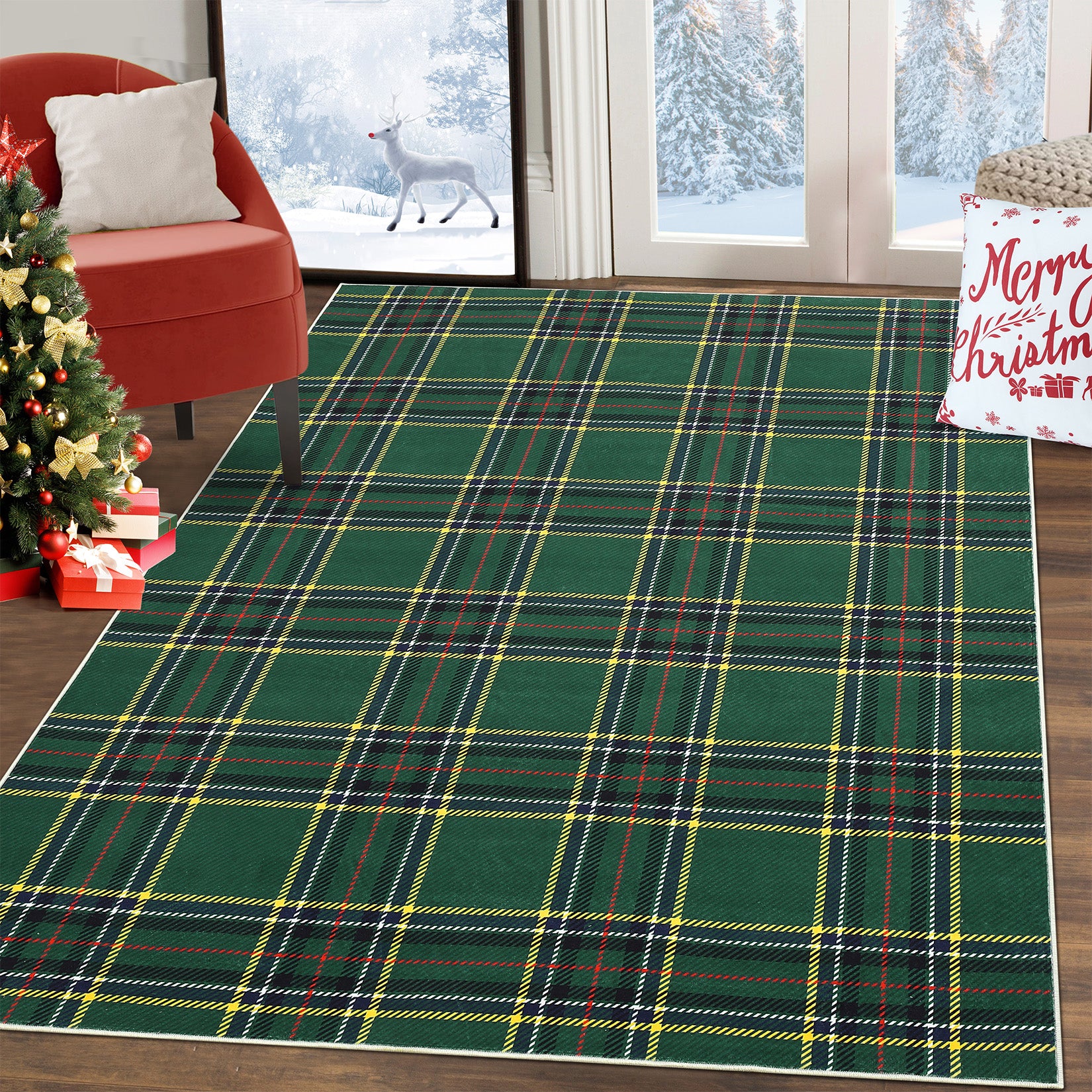 Garvee 8x10 Christmas Area Rug Xmas Buffalo Plaid Machine Washable Carpet Rug Holiday Decorative Gingham Check Floor Cover Non Slip Stain Resistant Accent Rug for Living Room Decor, Green