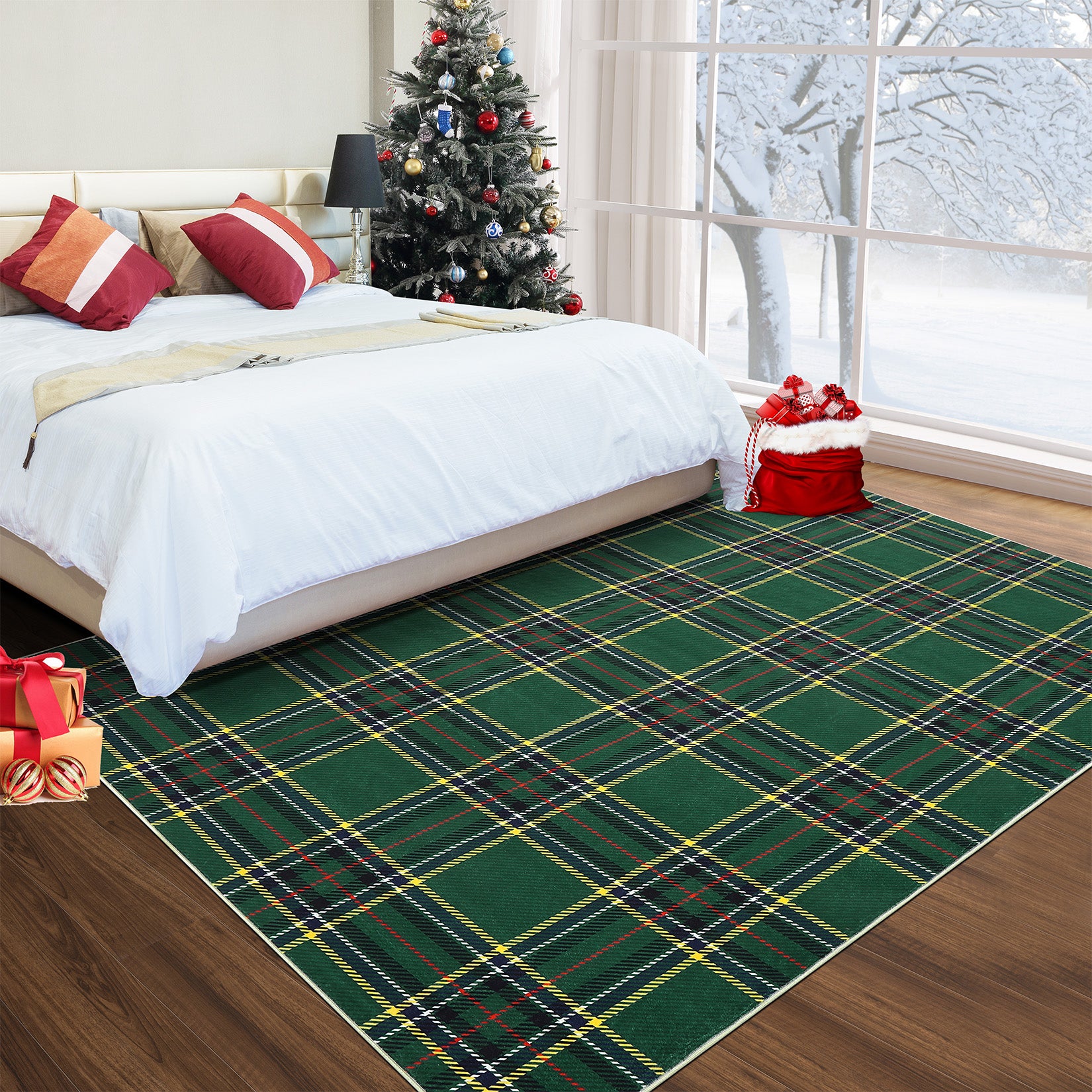 Garvee 8x10 Christmas Area Rug Xmas Buffalo Plaid Machine Washable Carpet Rug Holiday Decorative Gingham Check Floor Cover Non Slip Stain Resistant Accent Rug for Living Room Decor, Green