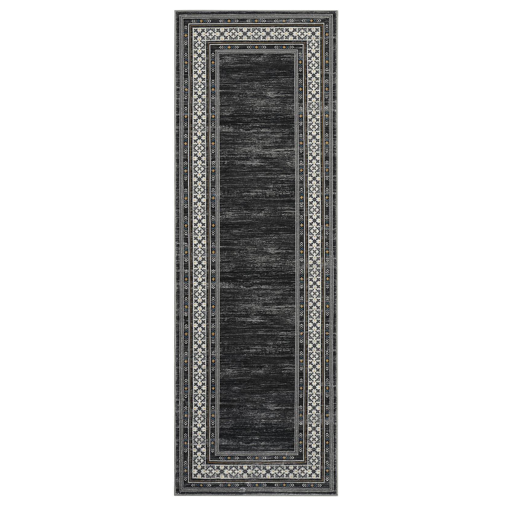 Garvee Dark Gray Washable Bordered Runner Rug 2' × 6', Non Slip Low Pile Stain Resistant Rug for Kitchen, Hallway, Entryway, Laundry Room