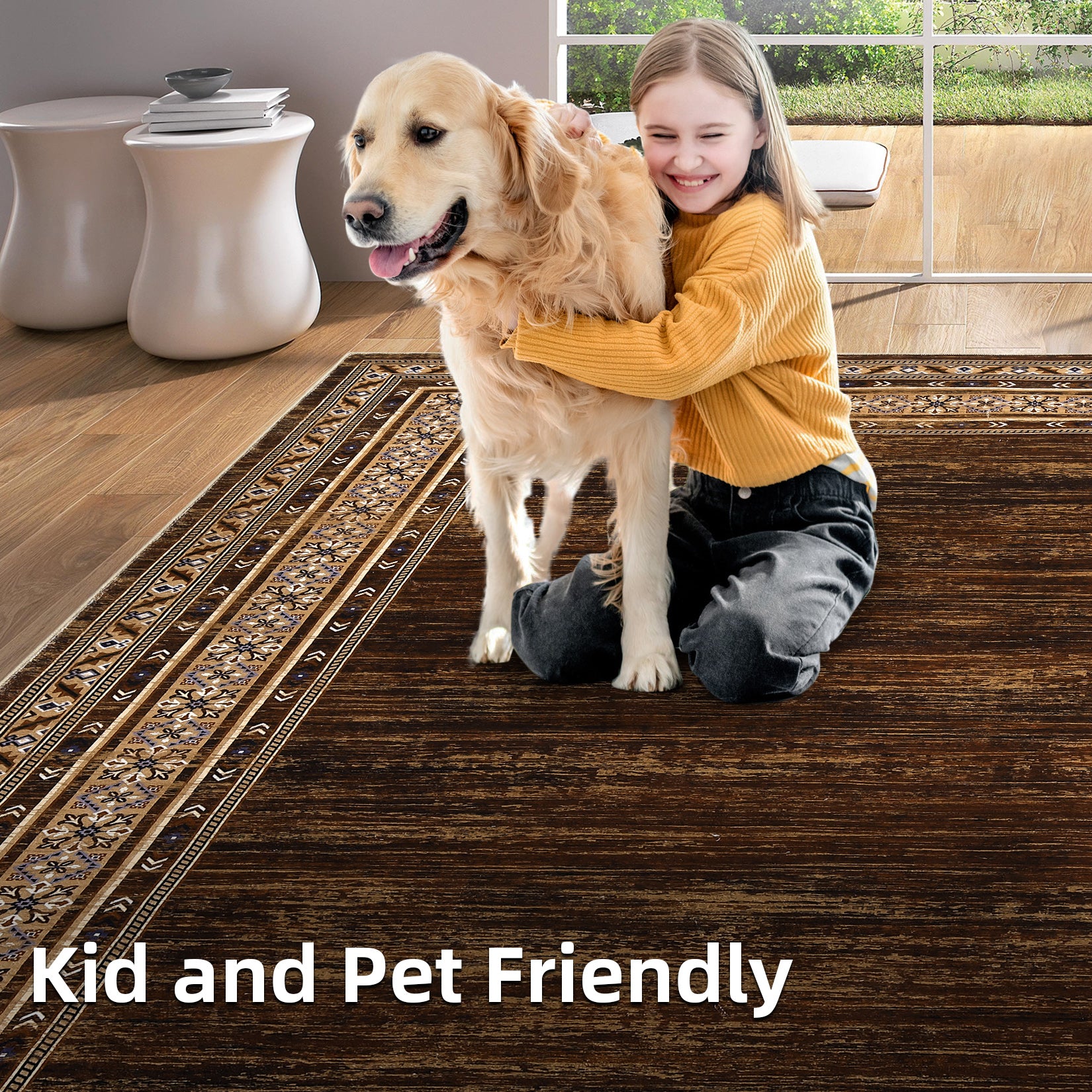 Garvee Bordered Red-Brown 6x9 Machine Washable Rug, Geometric Faux Wool Non-Slip Stain Proof for High Traffic Living Room Bedroom