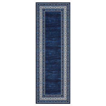 Garvee Navy Blue Washable Bordered Runner Rug 2' × 8', Non Slip Low Pile Stain Resistant Rug for Kitchen, Hallway, Entryway, Laundry Room