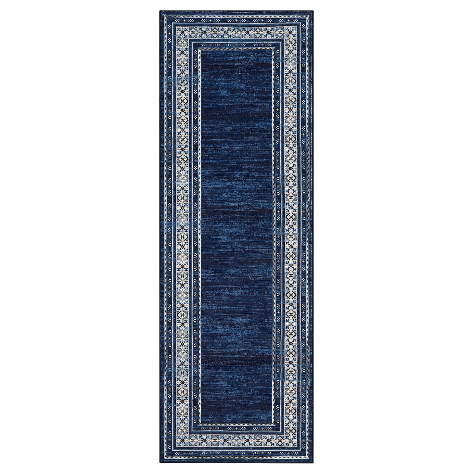 Garvee Navy Blue Washable Bordered Runner Rug 2' × 8', Non Slip Low Pile Stain Resistant Rug for Kitchen, Hallway, Entryway, Laundry Room