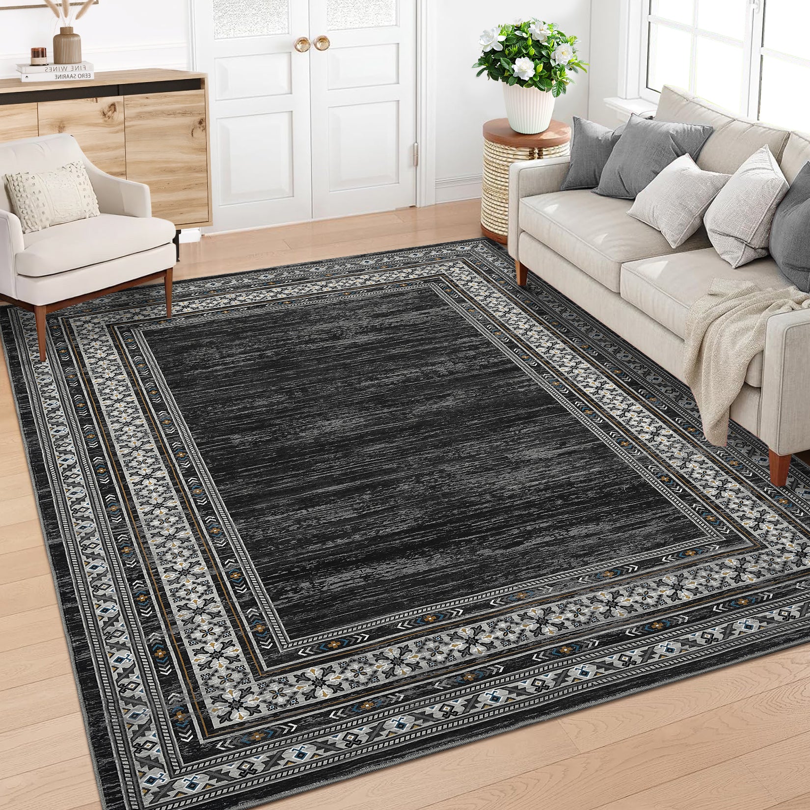 Garvee Bordered Dark Grey 8x10 Washable Rug, Modern Printed Low Pile Non Slip Carpet for Nursery Living Room Dining Bedroom Office