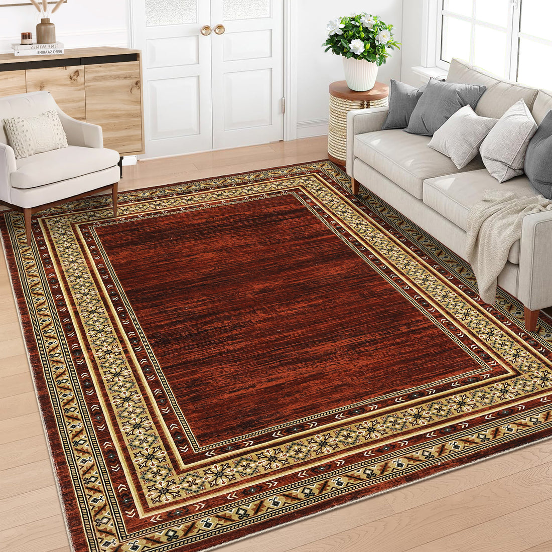 Garvee Bordered Red 8x10 Washable Area Rug, Living Room Rug Indoor Soft Floor Carpet with Anti-Slip Backing Modern Bordered Printed Rug Low Pile Foldable Throw Rugs for Bedroom Dining Room Office Nursery