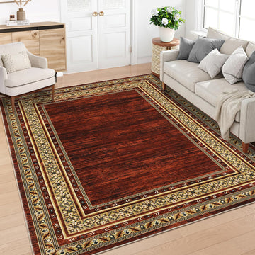 Garvee Red Washable Bordered Area Rug 8' × 10', Non Slip Low Pile Non Shedding Stain Resistant Rug, Modern Distressed Geometric Rug for Living Room Bedroom Dining Room