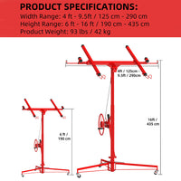 Garvee 16ft Drywall/Sheetrock Lift 150 LBS Capacity Red– 360° Adjustable Telescopic Arm & Locking Wheels for Panel Hoist