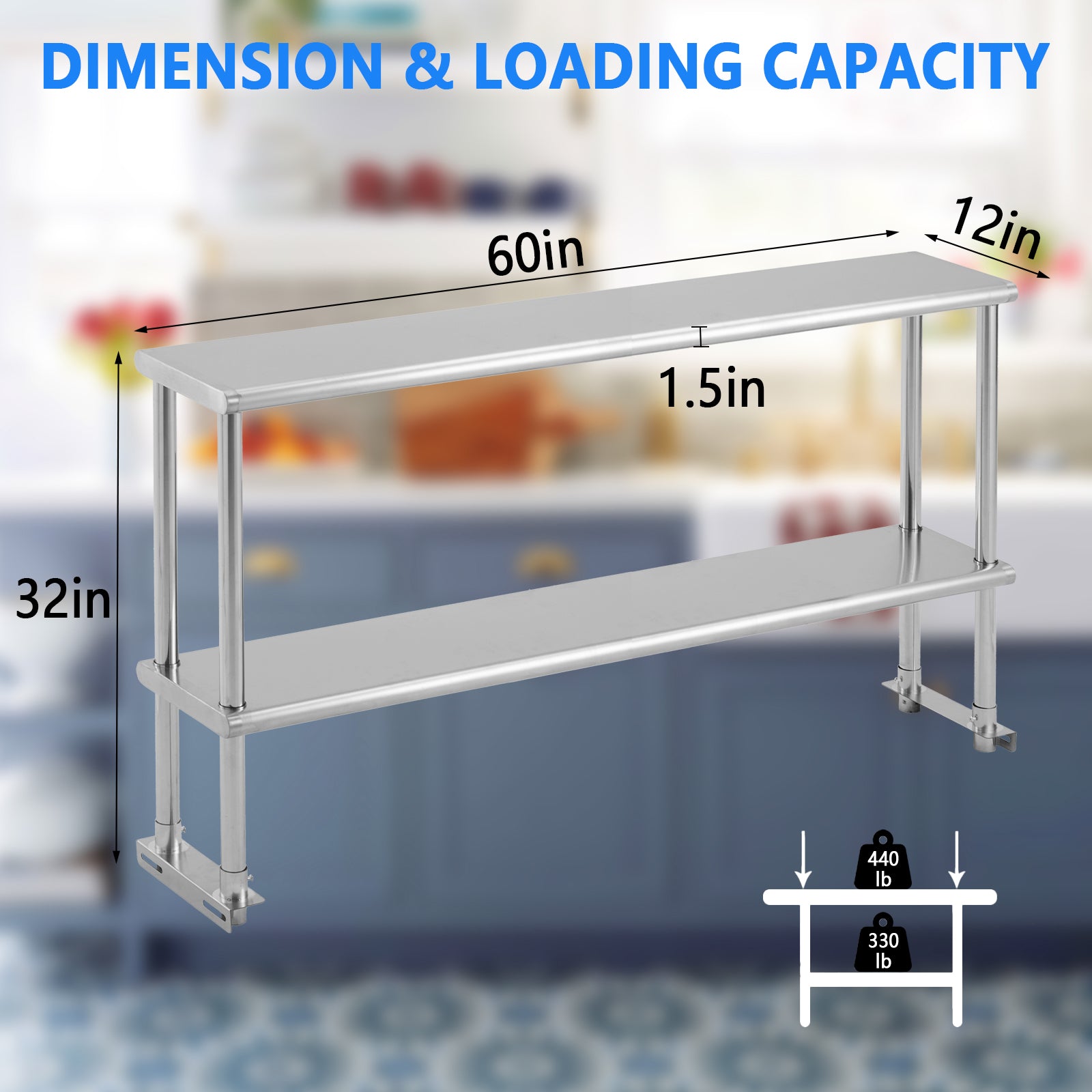 Garvee 60x12x32 Inch Adjustable Shelf - Stainless Steel Double Overshelf 350LB Capacity for Commercial Kitchen & Workshop, Silver