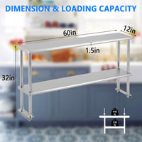 Garvee 60x12x32 Inch Adjustable Shelf - Stainless Steel Double Overshelf 350LB Capacity for Commercial Kitchen & Workshop, Silver