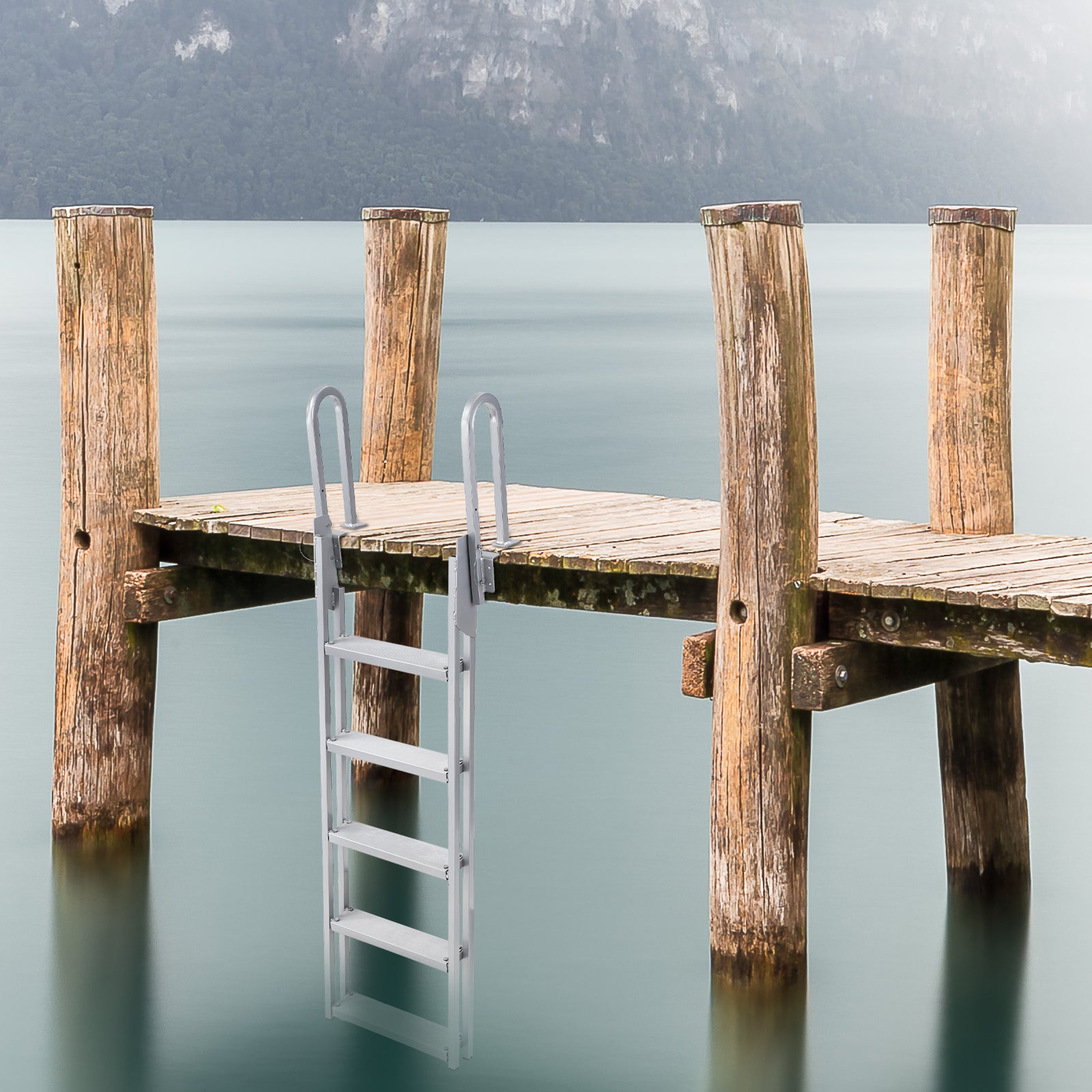 Garvee Flip Up Dock Ladder 4/5 Steps, Anti-Corrosion 6063 Aluminum, Upgraded Nonslip Pedals, Adjustable Height, 350lbs Capacity, Suitable for Lake/Pool/Boarding/RV