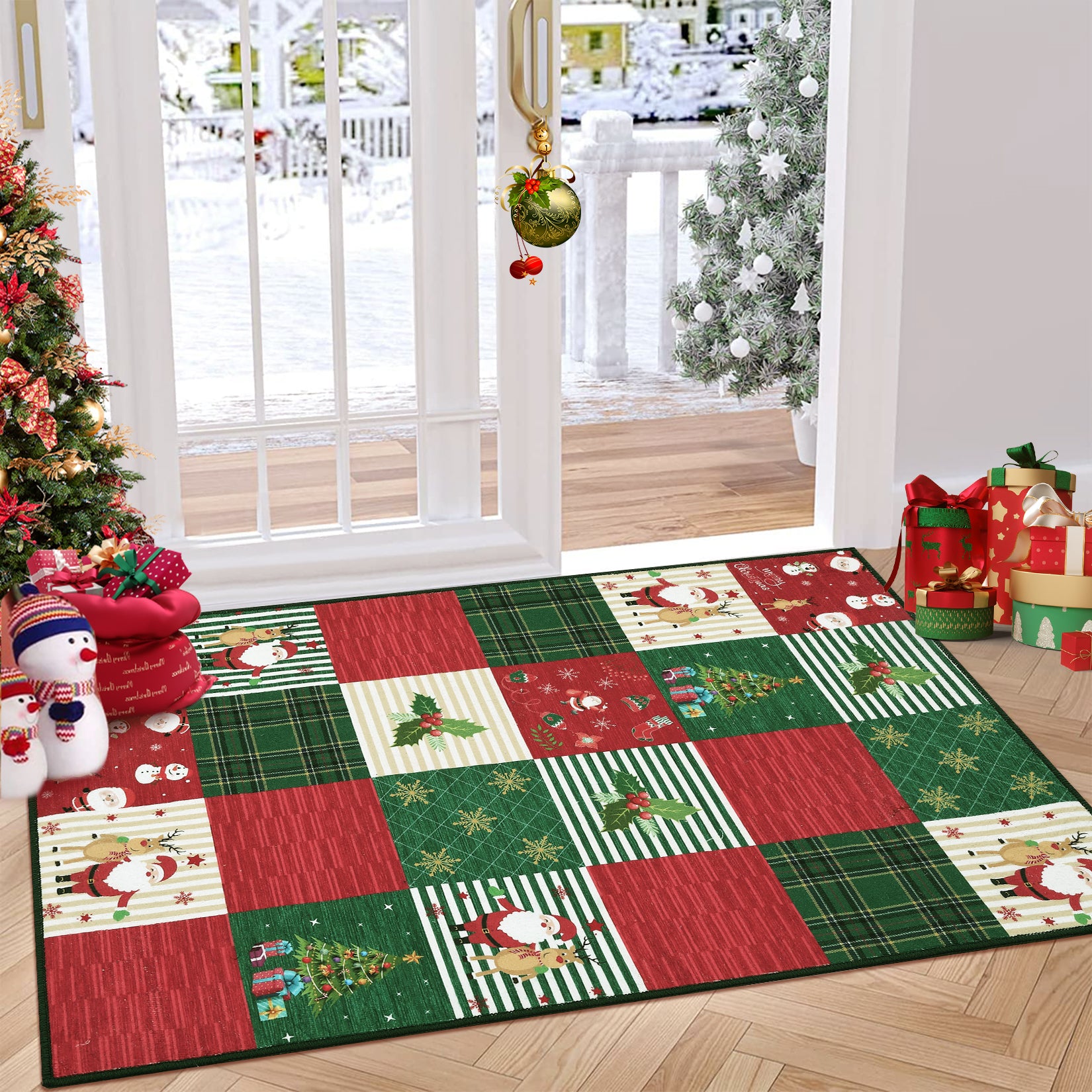 Garvee Christmas Door Mat 2x3 Mat Xmas Bath Mat Non-Slip Kithcen Rug Washable Entryway Rug Small Rug with Deer Santa Claus Carpet Winter Doormats for Laundry Bedside 2'x3' Plaid Patchwork