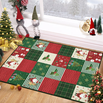 Garvee Christmas Door Mat 2x3 Mat Xmas Bath Mat Non-Slip Kithcen Rug Washable Entryway Rug Small Rug with Deer Santa Claus Carpet Winter Doormats for Laundry Bedside 2'x3' Plaid Patchwork